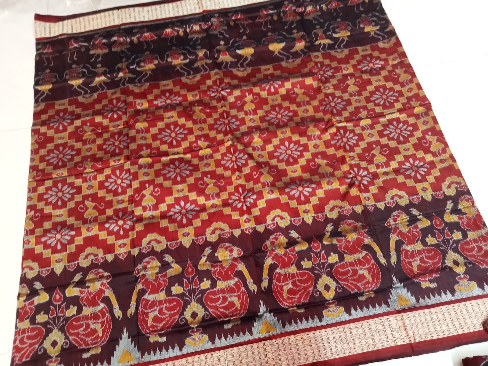 Maroon, Yellow & Coffee color Nartaki pattern bandha Sambalpuri pata saree. - Koshali Arts & Crafts Enterprise