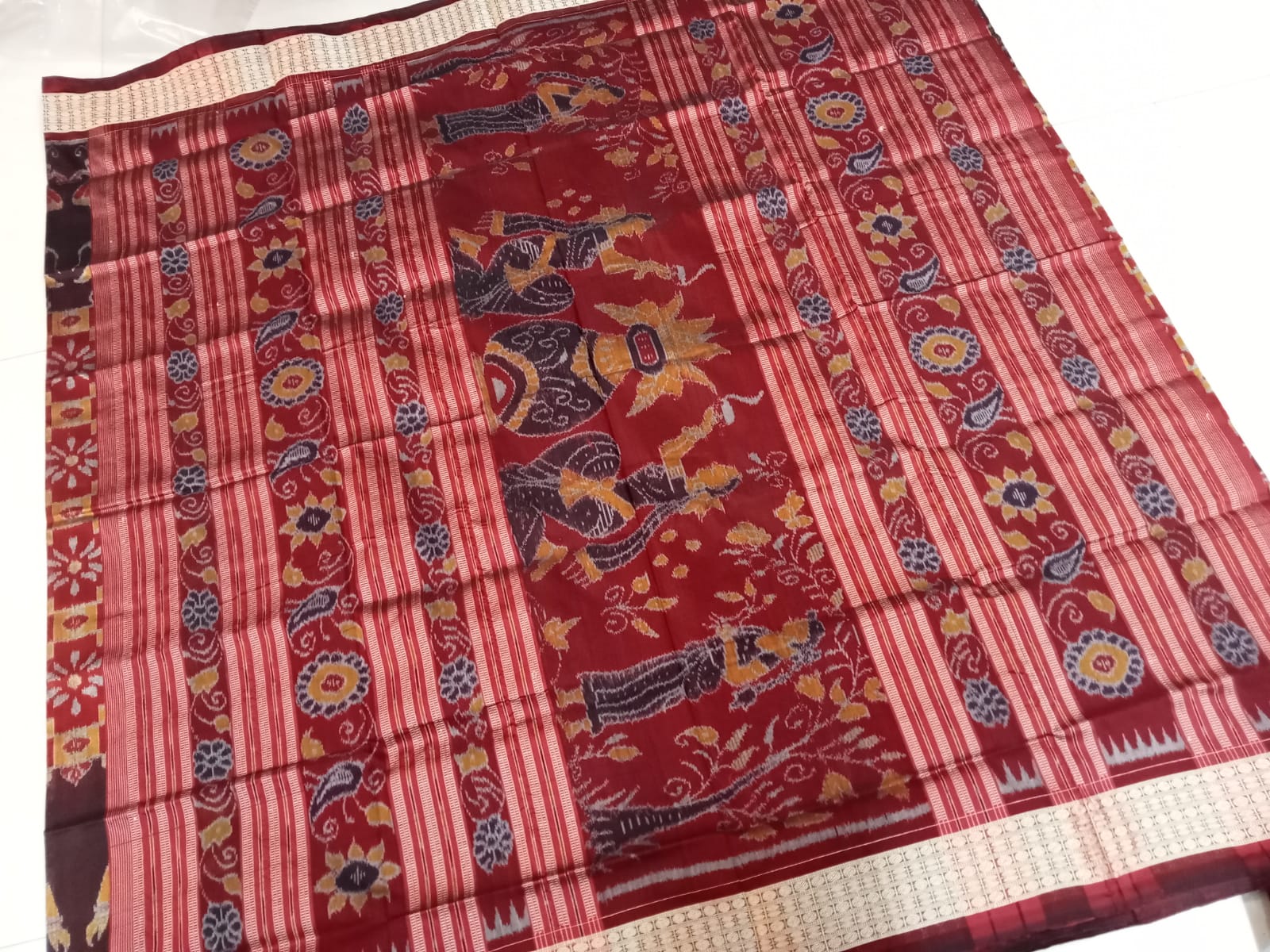 Maroon, Yellow & Coffee color Nartaki pattern bandha Sambalpuri pata saree. - Koshali Arts & Crafts Enterprise