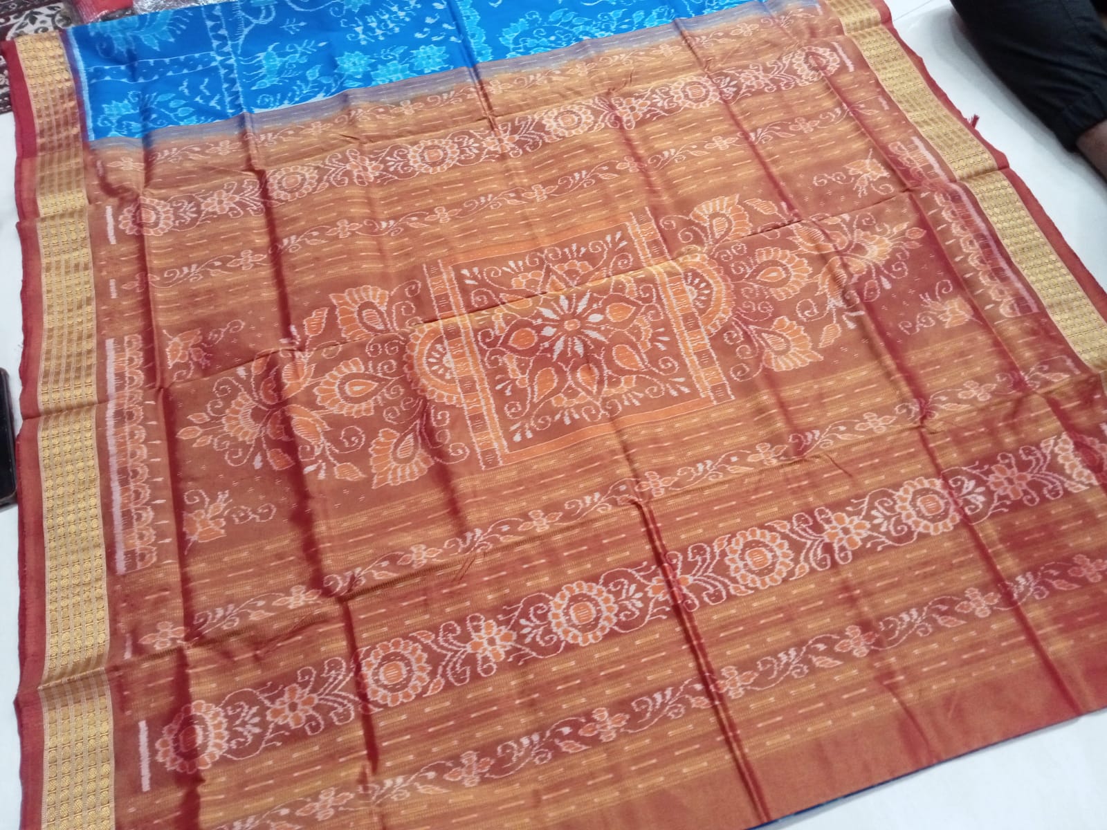 Latest terracotta pattern pure silk saree in Sky blue and Maroon color. - Koshali Arts & Crafts Enterprise
