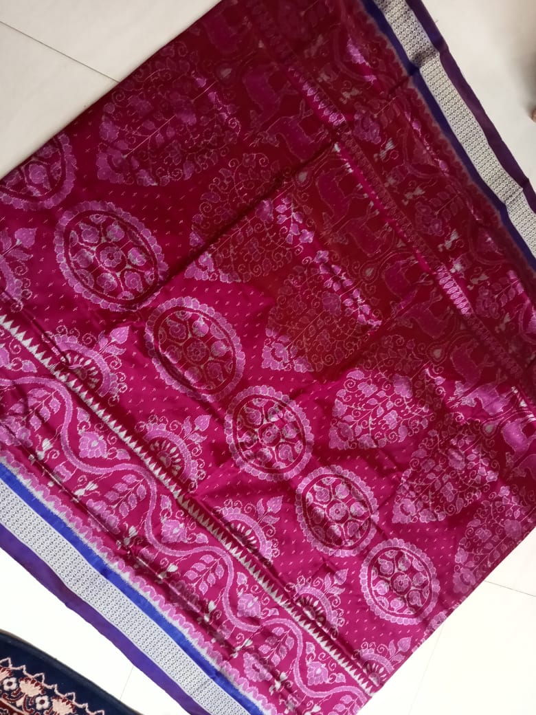 Latest Tree with deer pattern Sambalpuri Bandha design pata saree in Rani pink with Violet color. - Koshali Arts & Crafts Enterprise