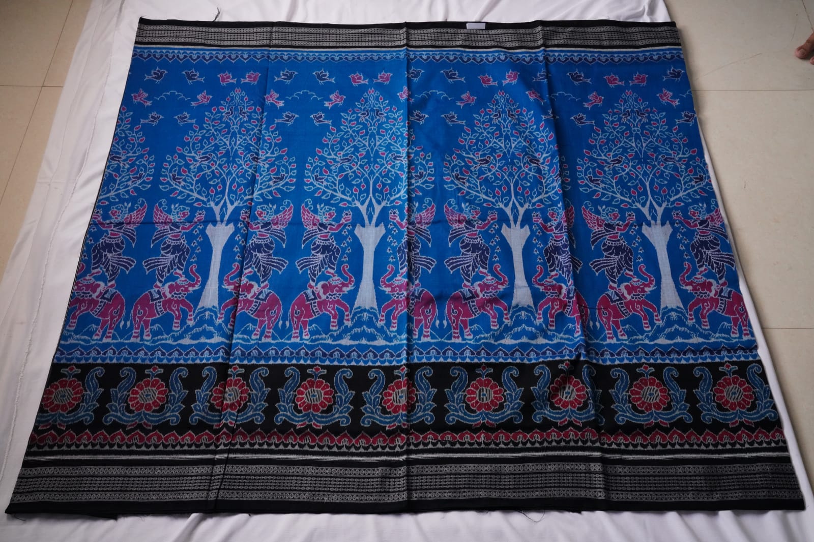 Traditional elephant with Nartaki pattern pure cotton saree in Blue and Black color. - Koshali Arts & Crafts Enterprise