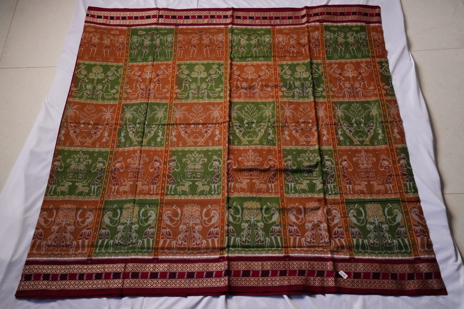 Traditional village pattern pure cotton saree in mehndi green, brown and maroon color. - Koshali Arts & Crafts Enterprise