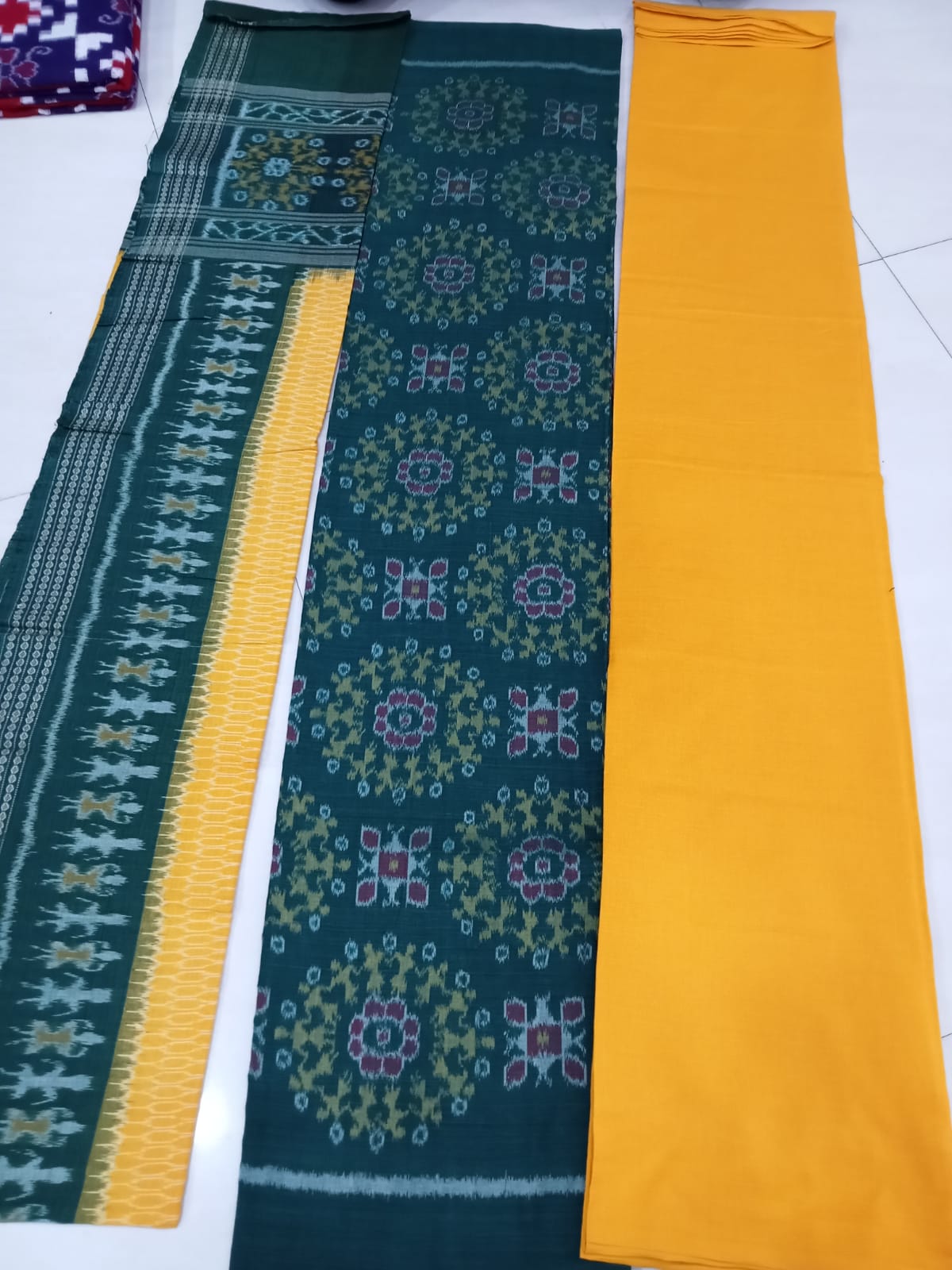 Full body Teracotta and flower pattern in Green and yellow color with dupatta. Unstitched cotton dress set. - Koshali Arts & Crafts Enterprise