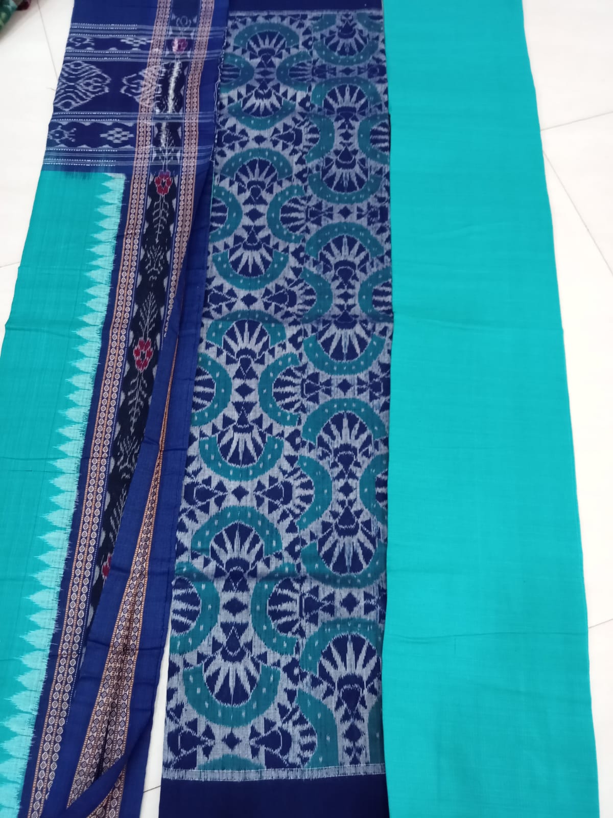 Sky and Blue color unstitched Sambalpuri cotton dress set. - Koshali Arts & Crafts Enterprise