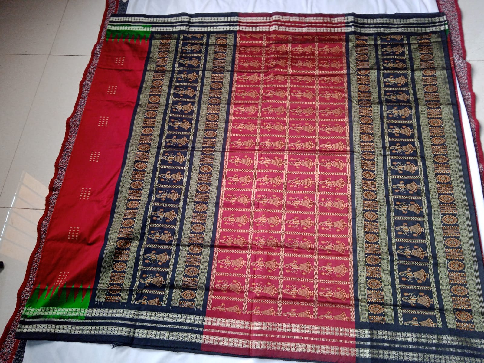 Full body with pallu doll pattern pata saree in Maroon, Black and Green color. - Koshali Arts & Crafts Enterprise