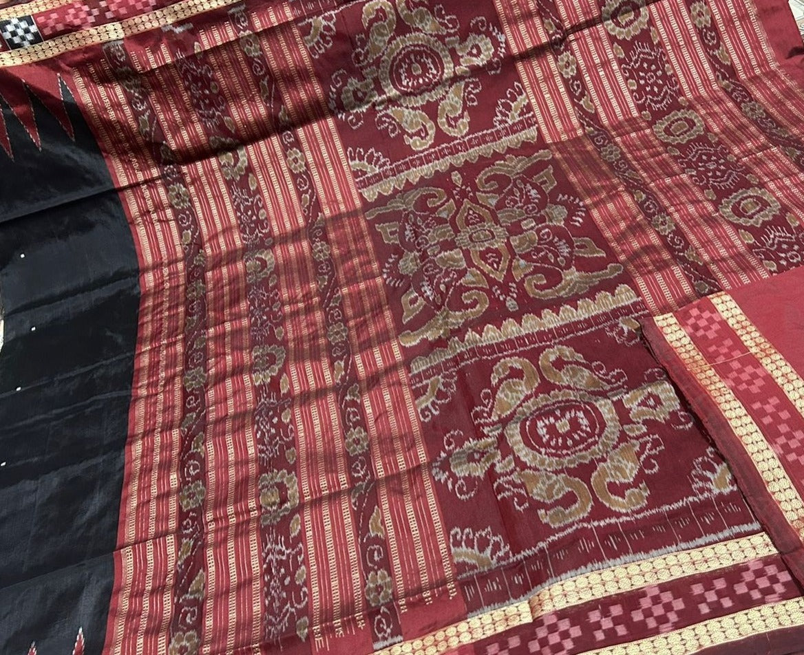 Black and Maroon color dhadi pasapali pata Sambalpuri pata saree. - Koshali Arts & Crafts Enterprise