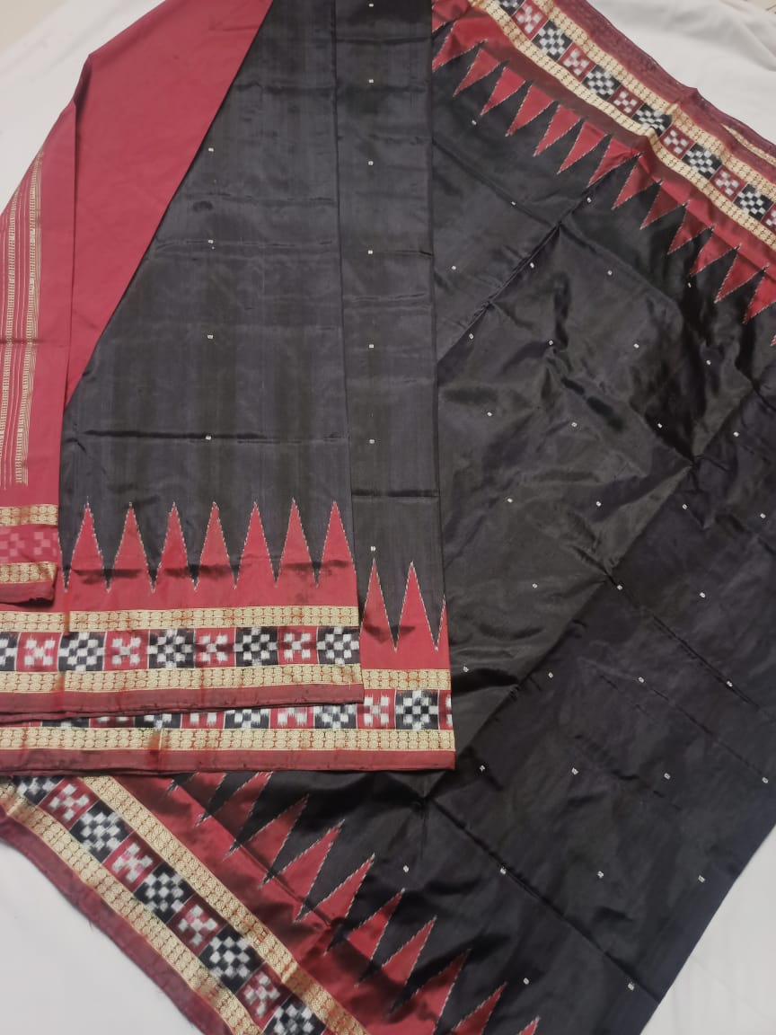 Black and Maroon color dhadi pasapali pata Sambalpuri pata saree. - Koshali Arts & Crafts Enterprise