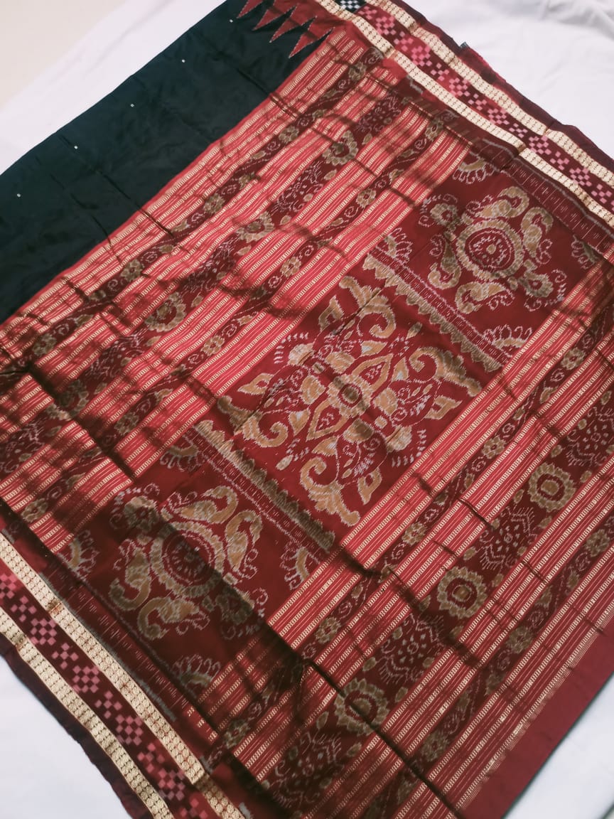 Black and Maroon color dhadi pasapali pata Sambalpuri pata saree. - Koshali Arts & Crafts Enterprise