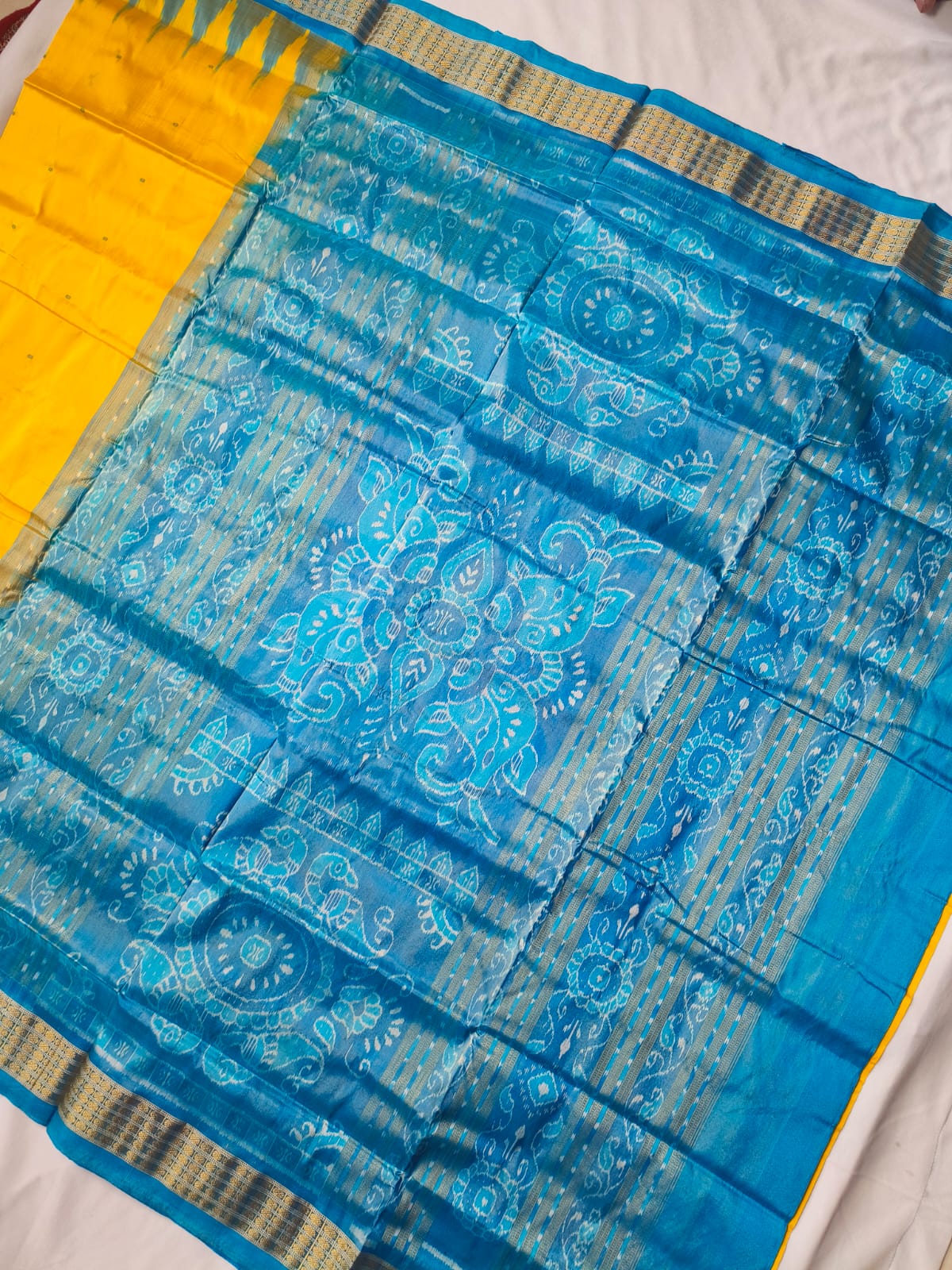 Yellow and Sky color small booty pattern pure silk and tissue border pata saree. - Koshali Arts & Crafts Enterprise
