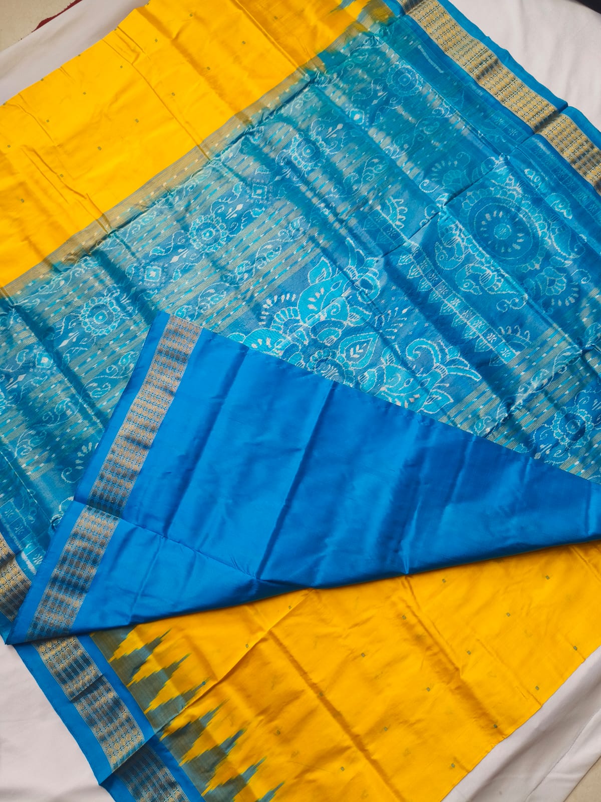 Yellow and Sky color small booty pattern pure silk and tissue border pata saree. - Koshali Arts & Crafts Enterprise
