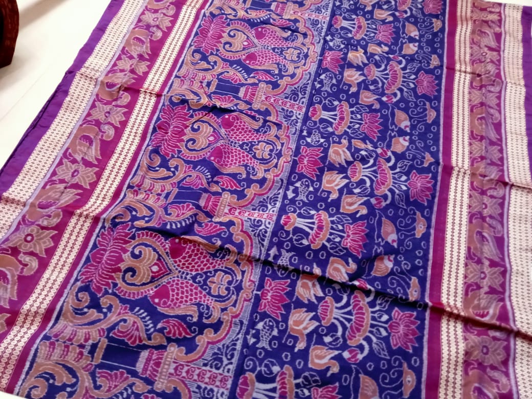 Blue and purple color fish,duck,lotus and shankha pattern Sambalpuri pure cotton saree. - Koshali Arts & Crafts Enterprise