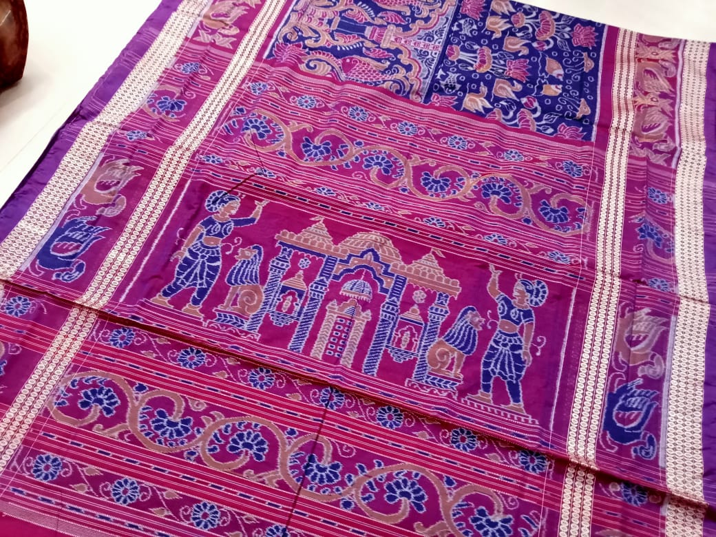 Blue and purple color fish,duck,lotus and shankha pattern Sambalpuri pure cotton saree. - Koshali Arts & Crafts Enterprise