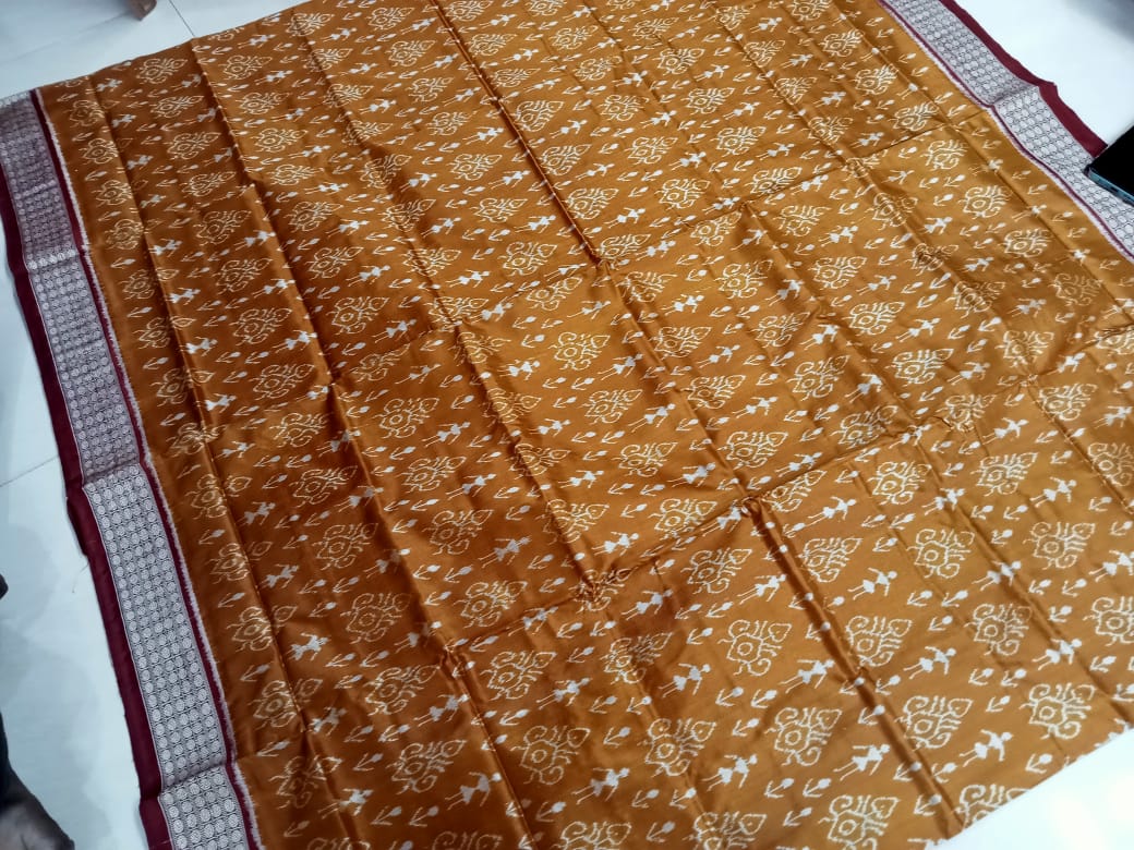 Light-brown and Coffee color pure silk saree is design like terracotta pattern. - Koshali Arts & Crafts Enterprise