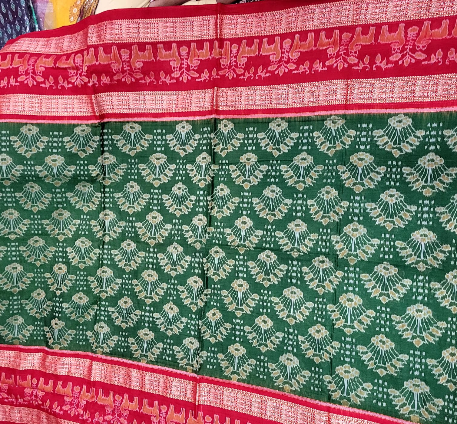 Green and Red color big border Sambalpuri cotton saree. - Koshali Arts & Crafts Enterprise