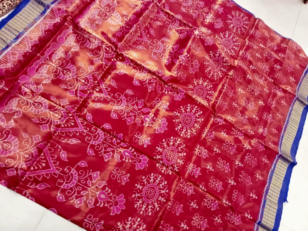 Pink, Maroon and Blue color terracotta with tree pattern Sambalpuri Tissue silk pata saree . - Koshali Arts & Crafts Enterprise