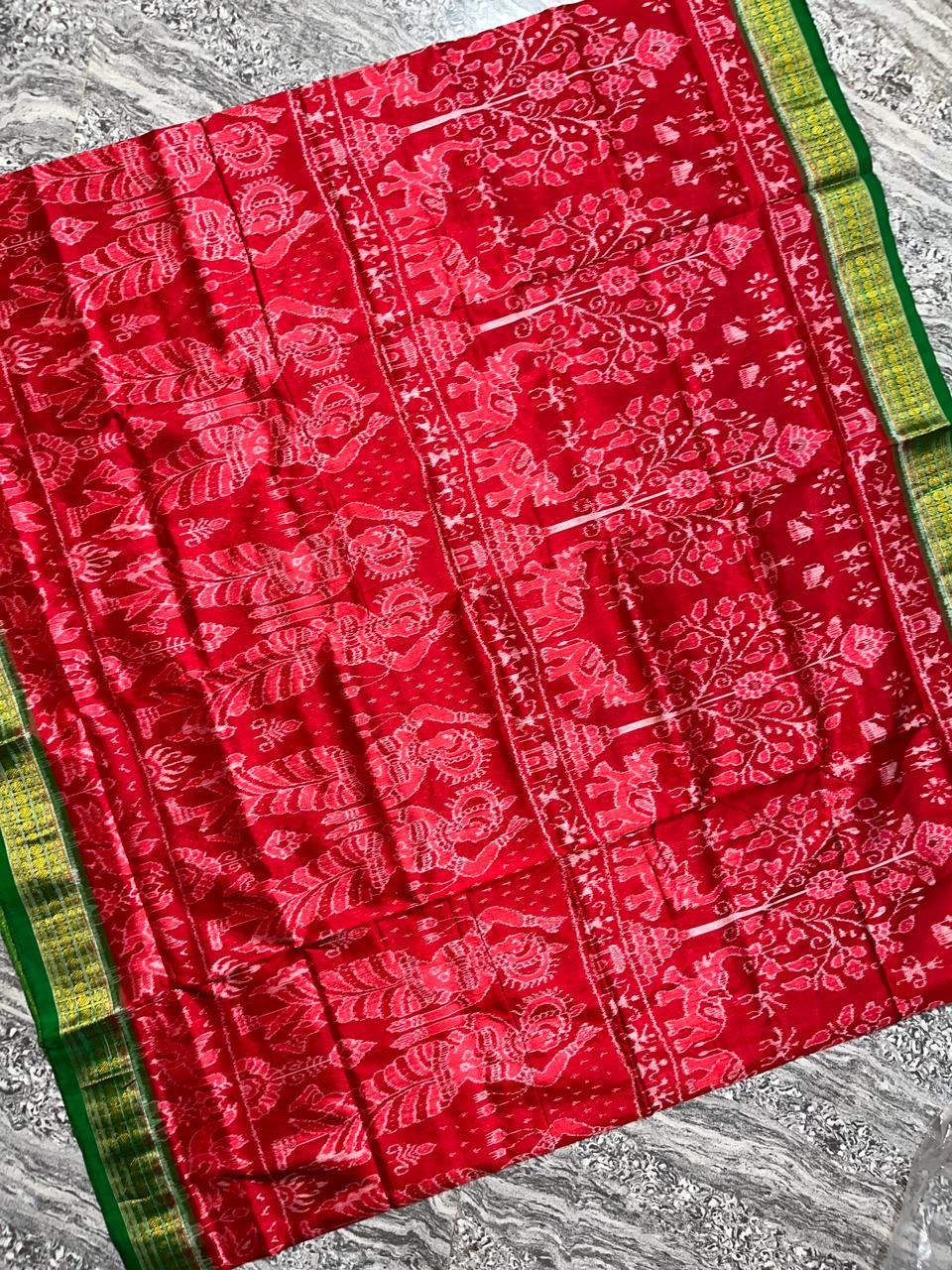 Nartaki with elephant pattern Sambalpuri pure silk with tissue saree in Maroon and Green color. - Koshali Arts & Crafts Enterprise