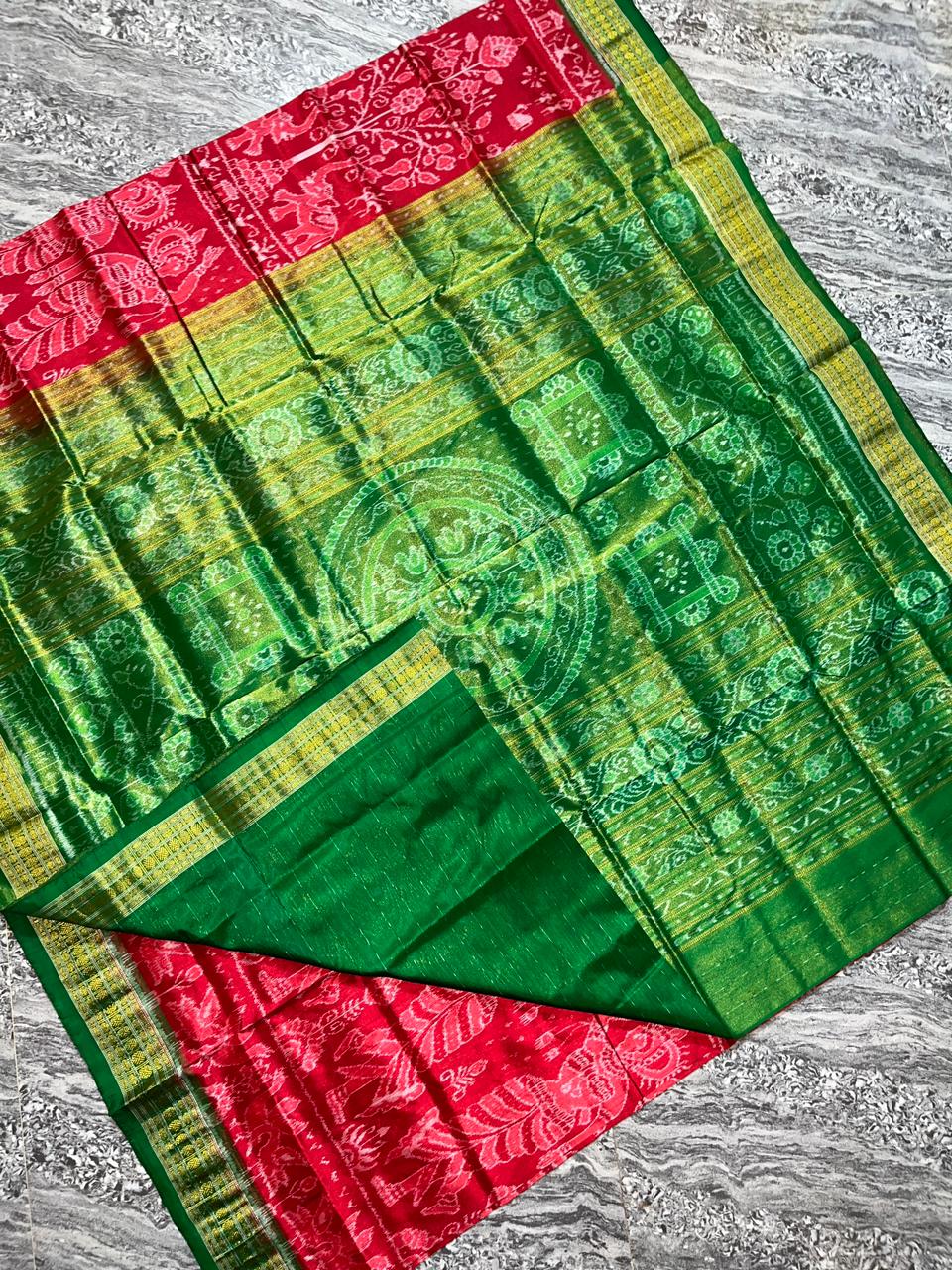 Nartaki with elephant pattern Sambalpuri pure silk with tissue saree in Maroon and Green color. - Koshali Arts & Crafts Enterprise