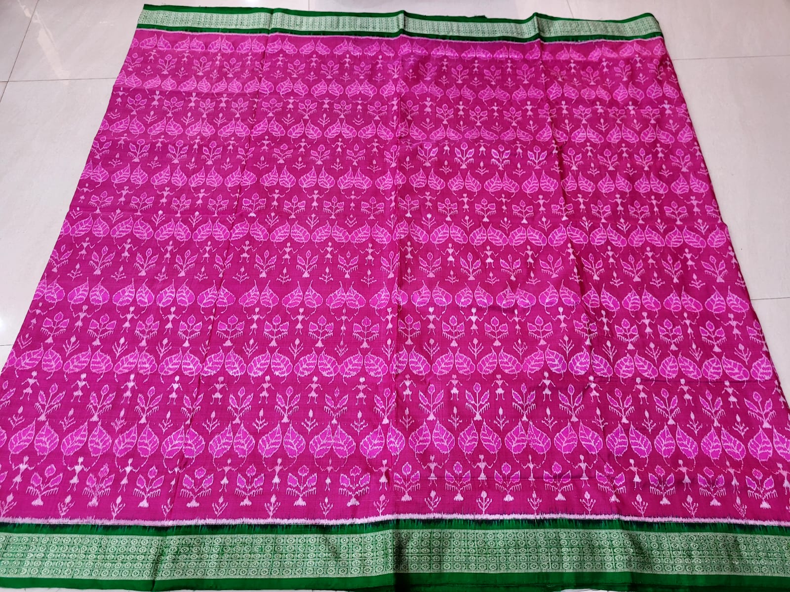 Pink and Green color pure silk saree is design like terracotta with leaf pattern. - Koshali Arts & Crafts Enterprise