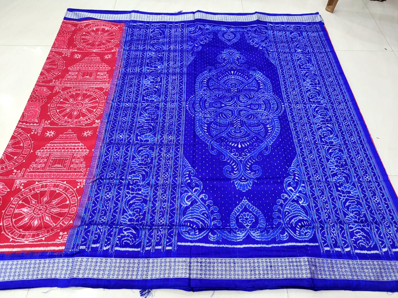 Maroon and Blue color Traditional konarka pattern pure silk saree. - Koshali Arts & Crafts Enterprise
