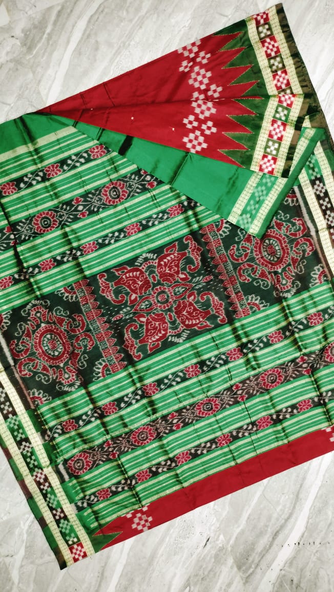 Traditional design dhadi pasapali pattern pata saree in Maroon & Green color . - Koshali Arts & Crafts Enterprise