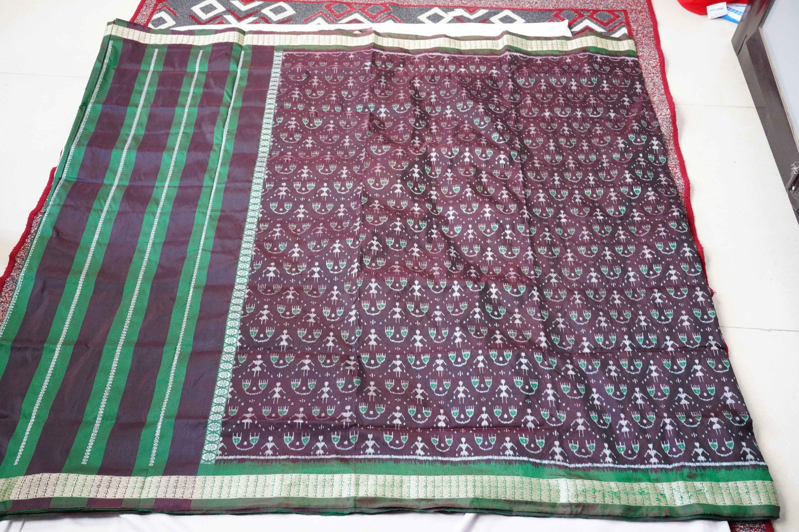 Black and Green color Sambalpuri terracotta Patli Pata saree. - Koshali Arts & Crafts Enterprise