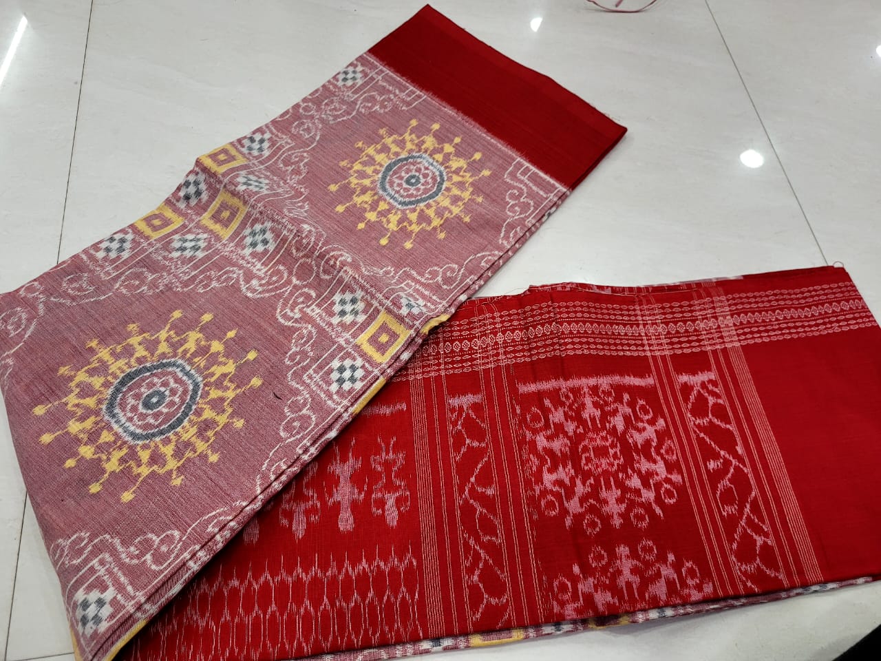 Full body pasapali with terracotta pattern in light-pink & red color with dupatta. Unstitched cotton dress set. - Koshali Arts & Crafts Enterprise