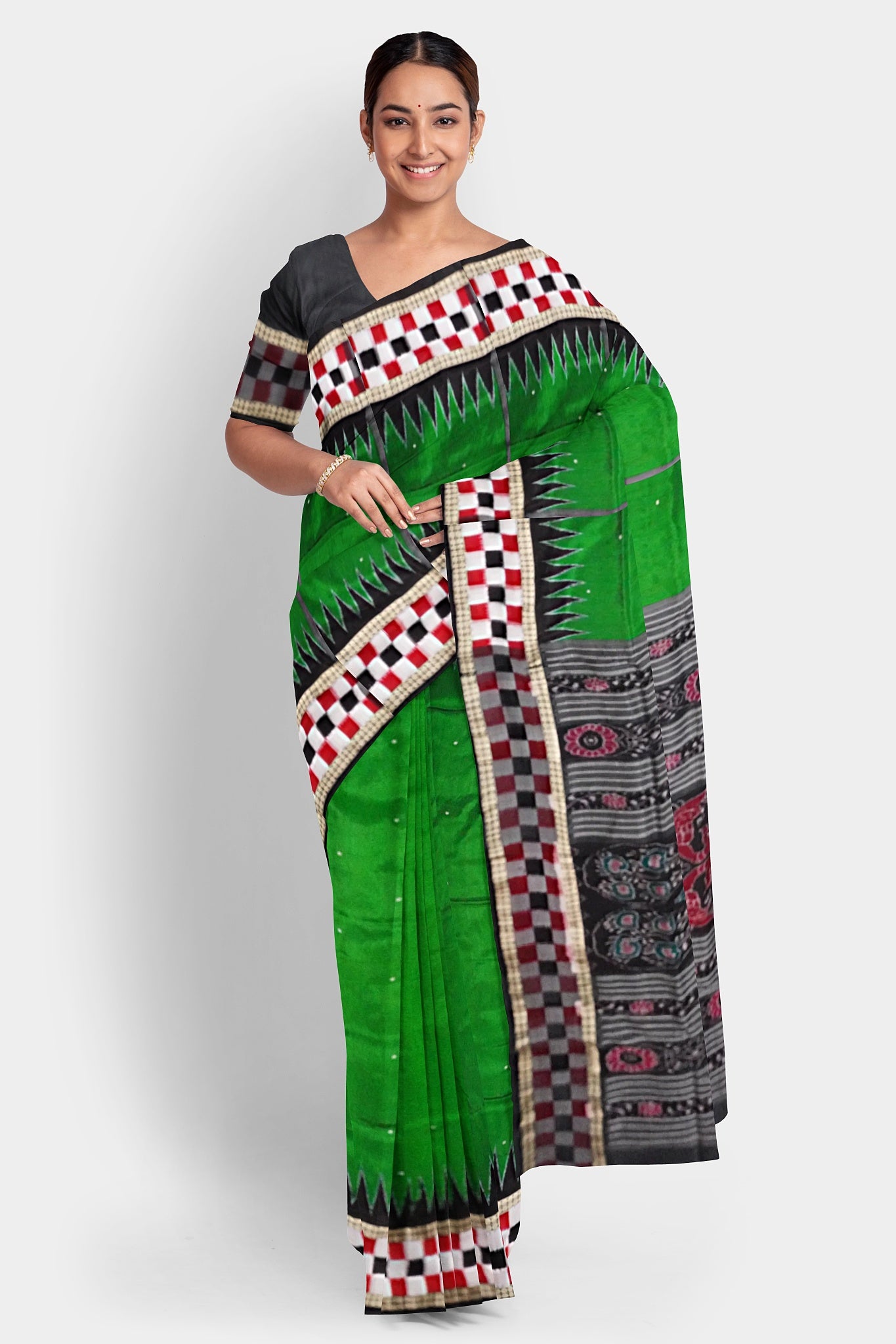 "Handwoven Red and Black Sambalpuri Half tissue silk saree with bandha pallu, complemented by a matching blouse piece. Elegant and traditional. (Copy)
