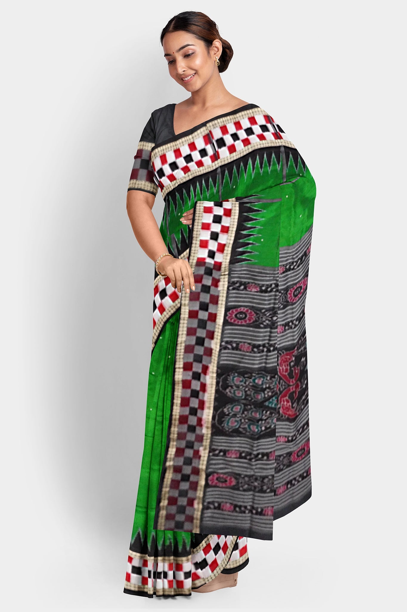 "Handwoven Red and Black Sambalpuri Half tissue silk saree with bandha pallu, complemented by a matching blouse piece. Elegant and traditional. (Copy)