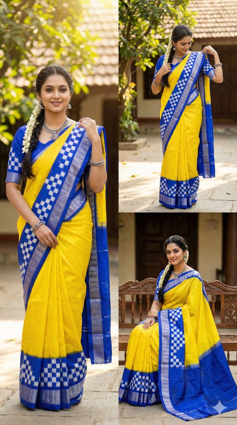 Bright yellow and deep blue tones Saree