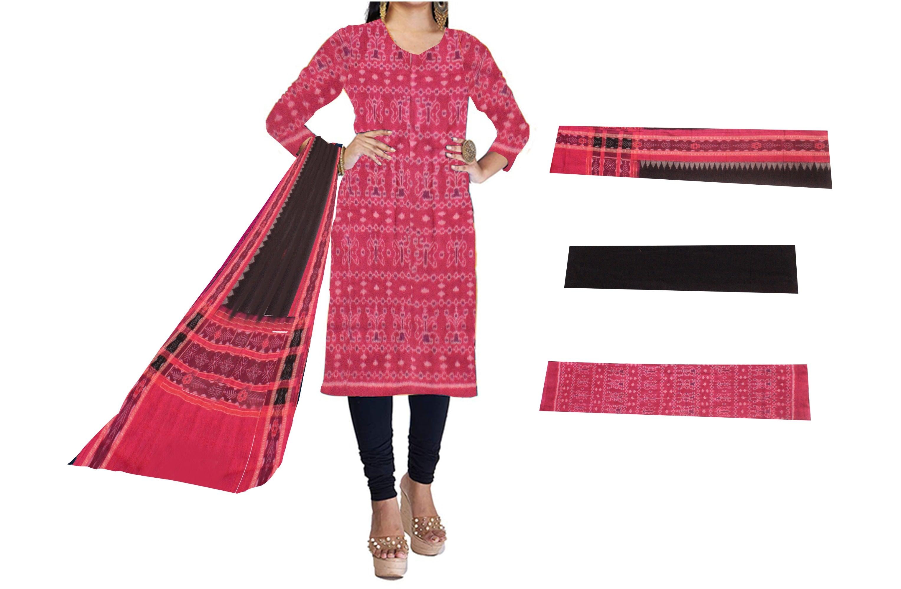 Cotton Dress Material in Beautiful Rose pink  and black color with Pasapali design.  Contrast  Dupatta  UNSTITCHED DRESS SET - Koshali Arts & Crafts Enterprise