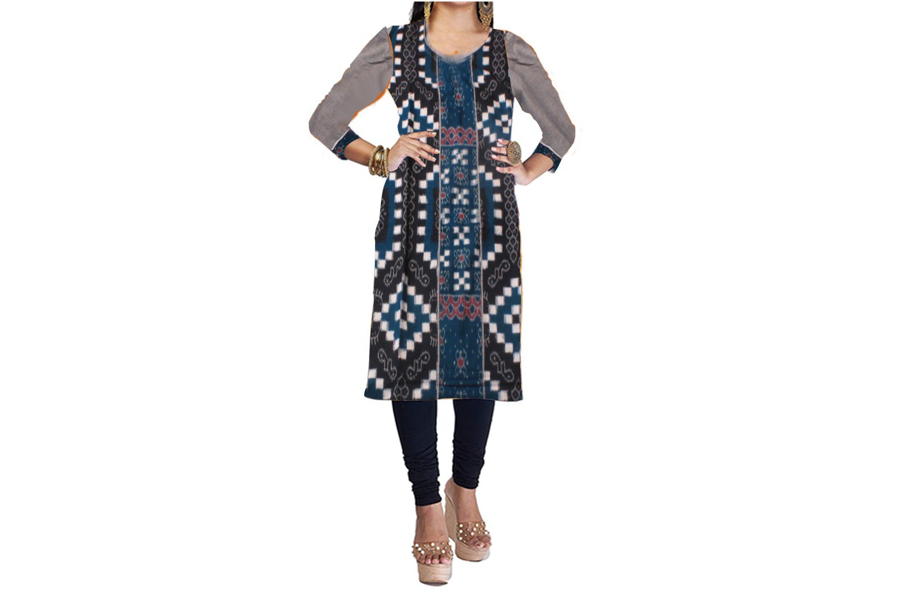 SAMBALPURI DESIGNER DRESS IN BLUE , BLACK AND SILVER COLOR. - Koshali Arts & Crafts Enterprise