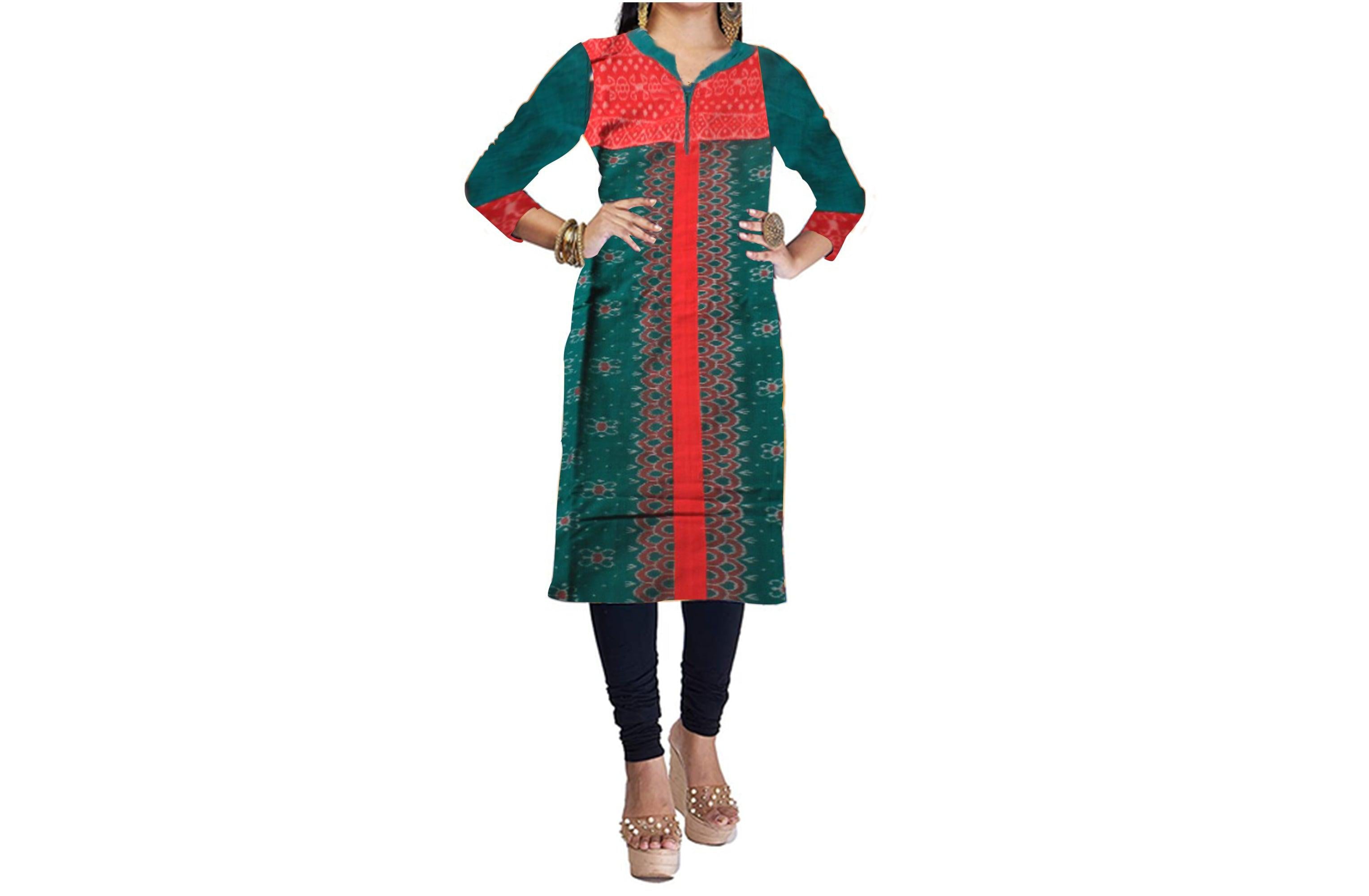 SAMBALPURI DESIGNER DRESS IN GREEN  AND RED COLOR. - Koshali Arts & Crafts Enterprise