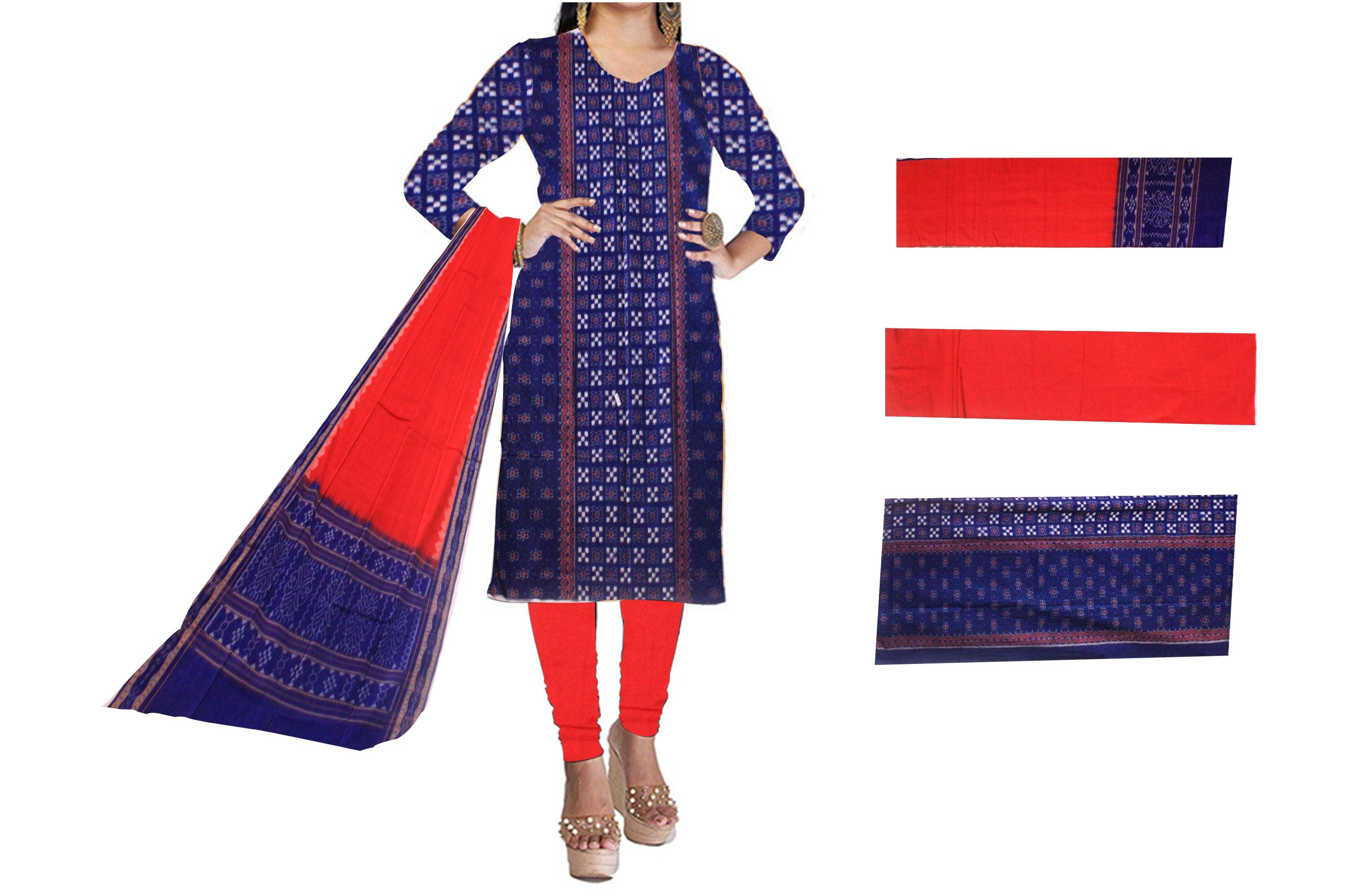 Cotton Dress Material in Beautiful Blue and red  color with Pasapali design.  Contrast  Dupatta  UNSTITCHED DRESS SET - Koshali Arts & Crafts Enterprise