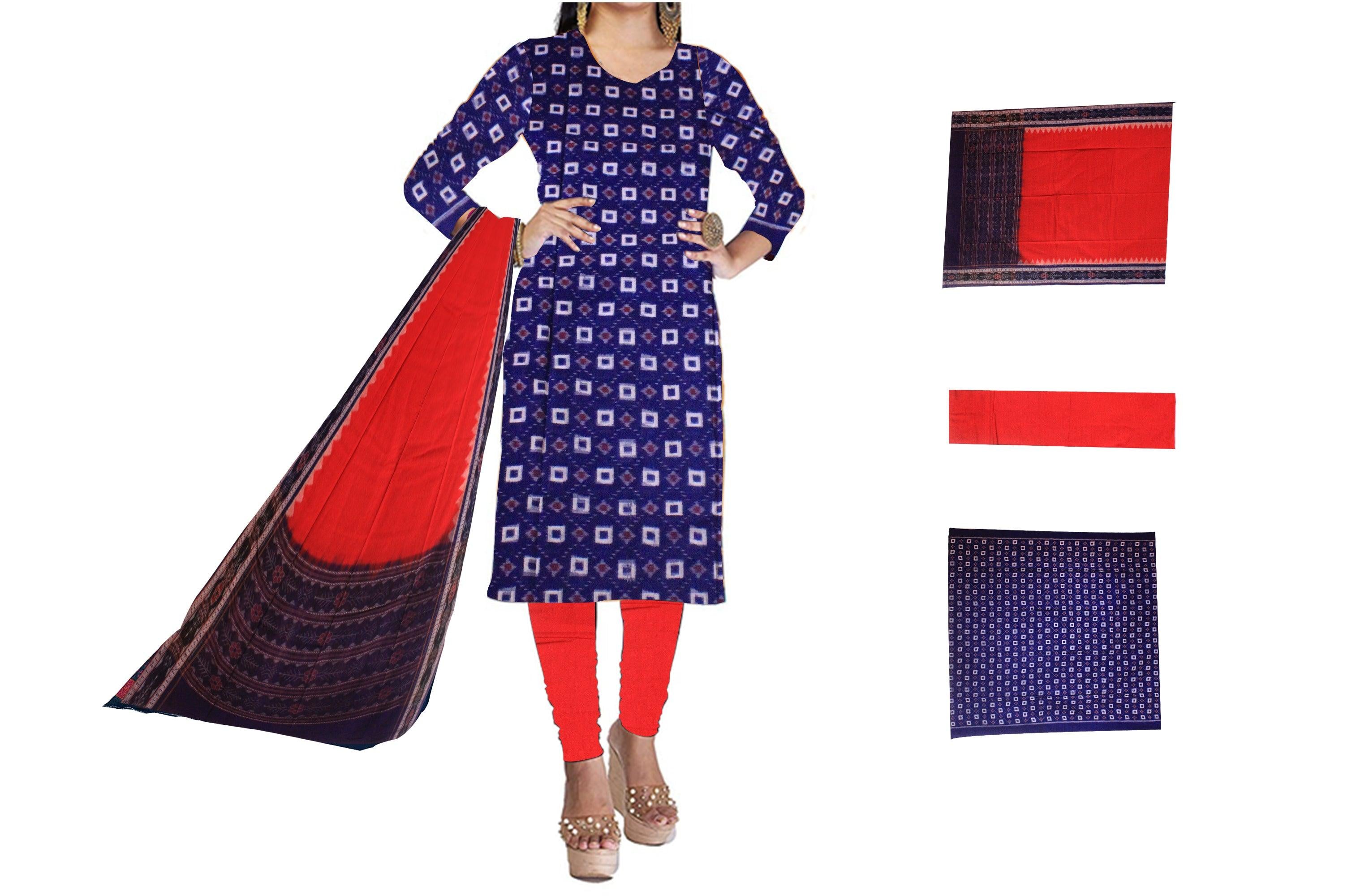 Cotton Dress Material in Beautiful blue, red and black color with Pasapali design.  Contrast  Dupatta  UNSTITCHED DRESS SET - Koshali Arts & Crafts Enterprise