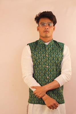 Sambalpuri Designer Gents Half Jacket in Green, Yellow & White Color - Koshali Arts & Crafts Enterprise