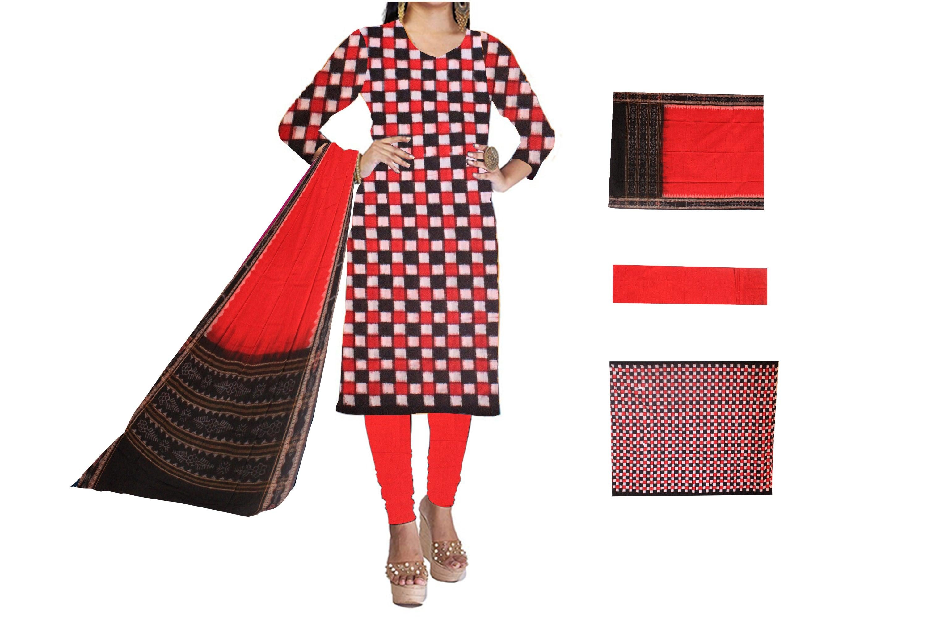 Cotton Dress Material in Beautiful  Black and red color with Pasapali design. Contrast Dupatta  UNSTITCHED DRESS SET - Koshali Arts & Crafts Enterprise