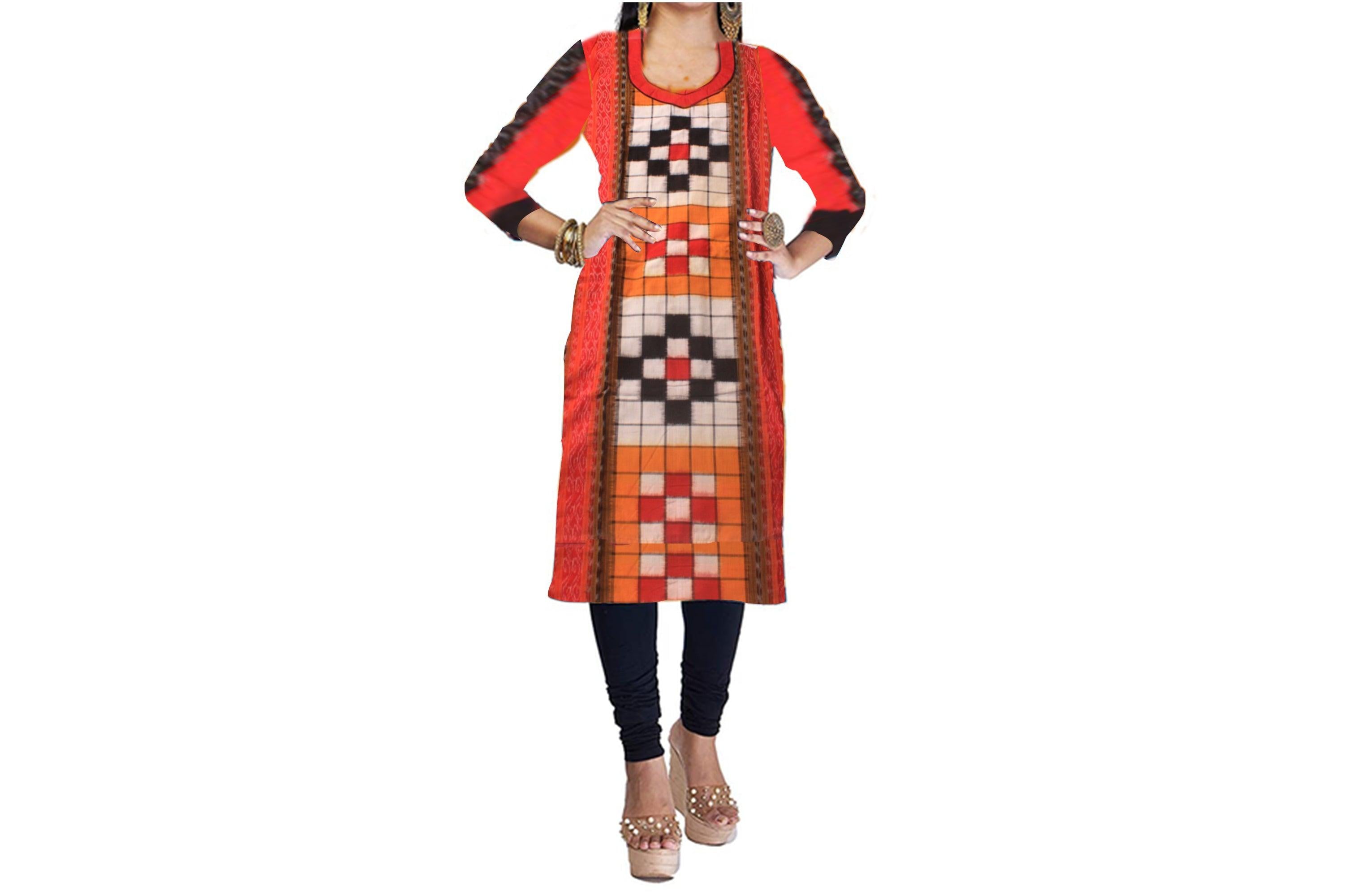 SAMBALPURI DESIGNER DRESS IN RED , BLACK ,WHITE AND ORANGE  COLOR. - Koshali Arts & Crafts Enterprise