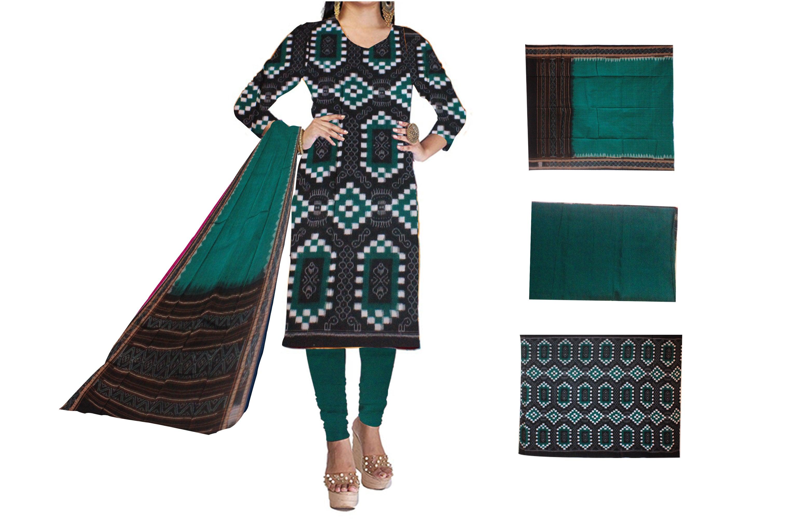 Cotton Dress Material in Beautiful Green and black color with Pasapali design.  Contrast  Dupatta  UNSTITCHED DRESS SET - Koshali Arts & Crafts Enterprise