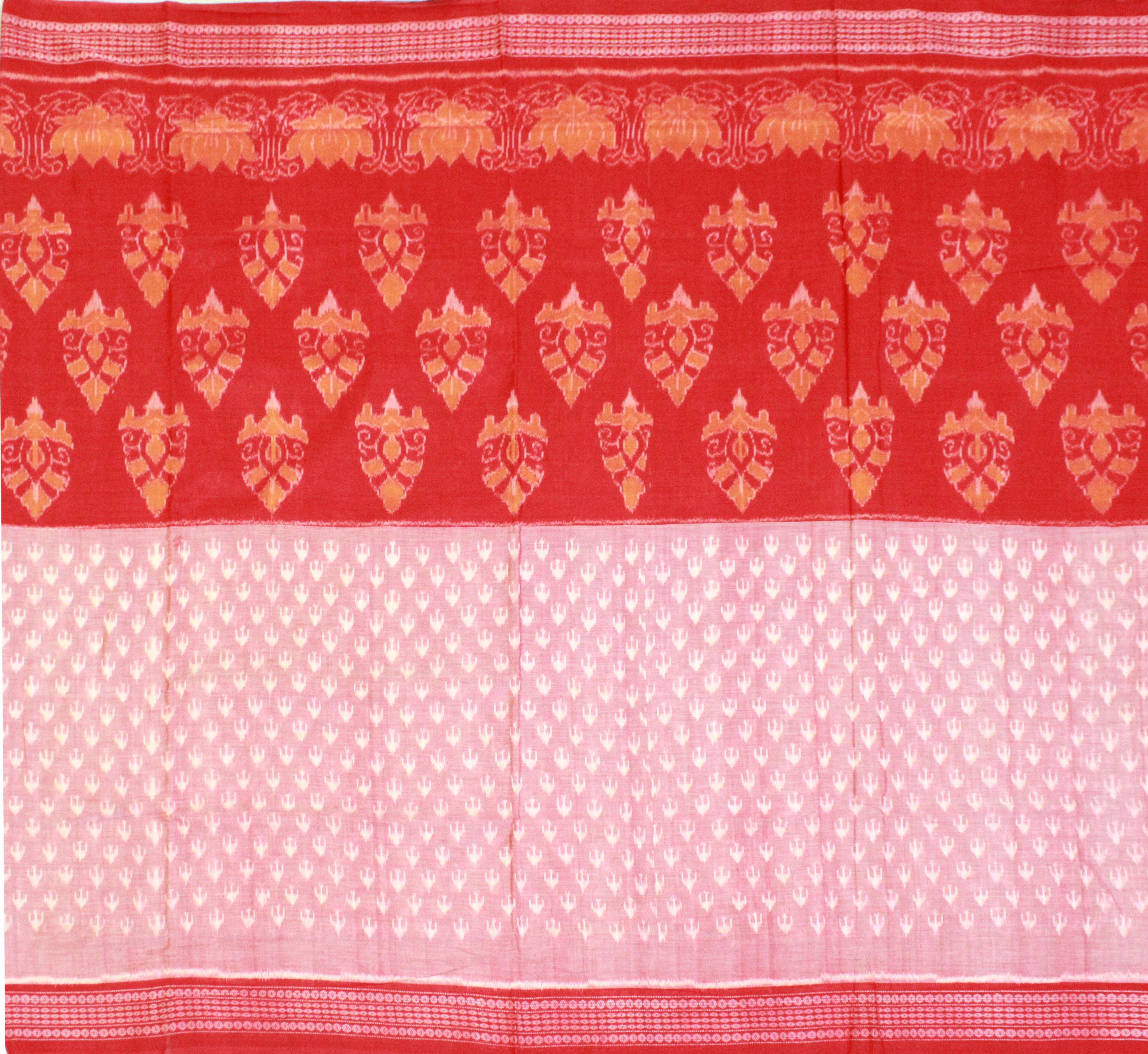 Sambalpuri IKAT Cotton Light Pink & Red Body, Lotus print saree with blouse piece - Koshali Arts & Crafts Enterprise