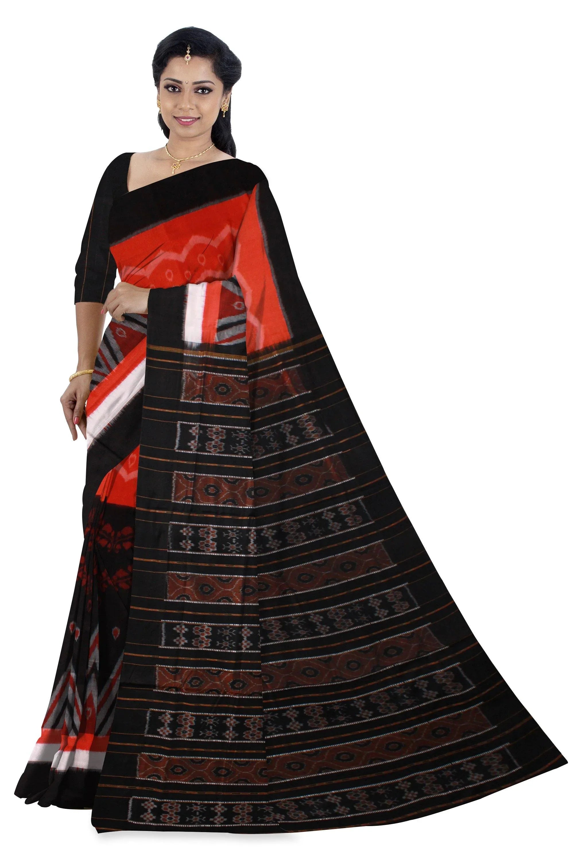 Orange and Black Zigzag and Heart Print Cotton Saree With Blouse piece. - Koshali Arts & Crafts Enterprise
