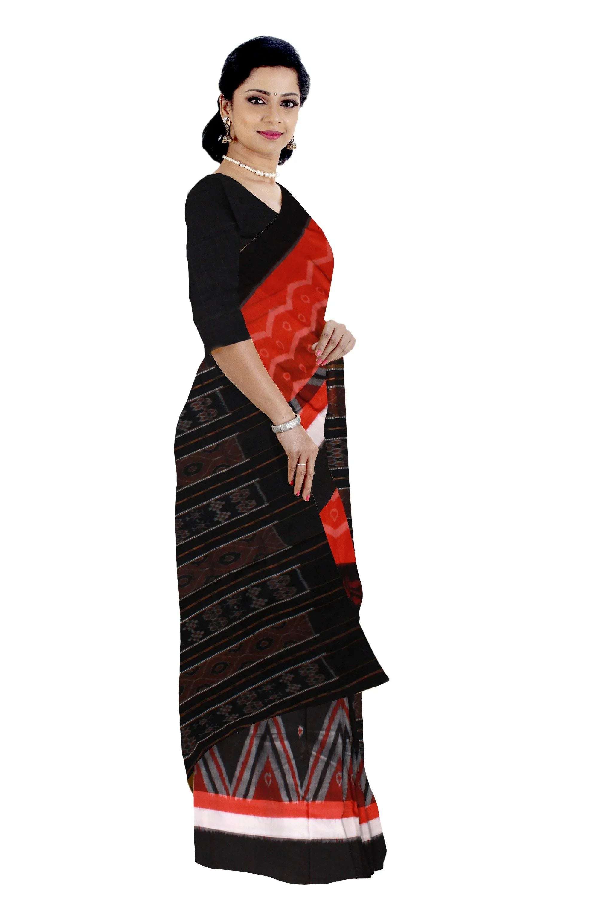 Orange and Black Zigzag and Heart Print Cotton Saree With Blouse piece. - Koshali Arts & Crafts Enterprise