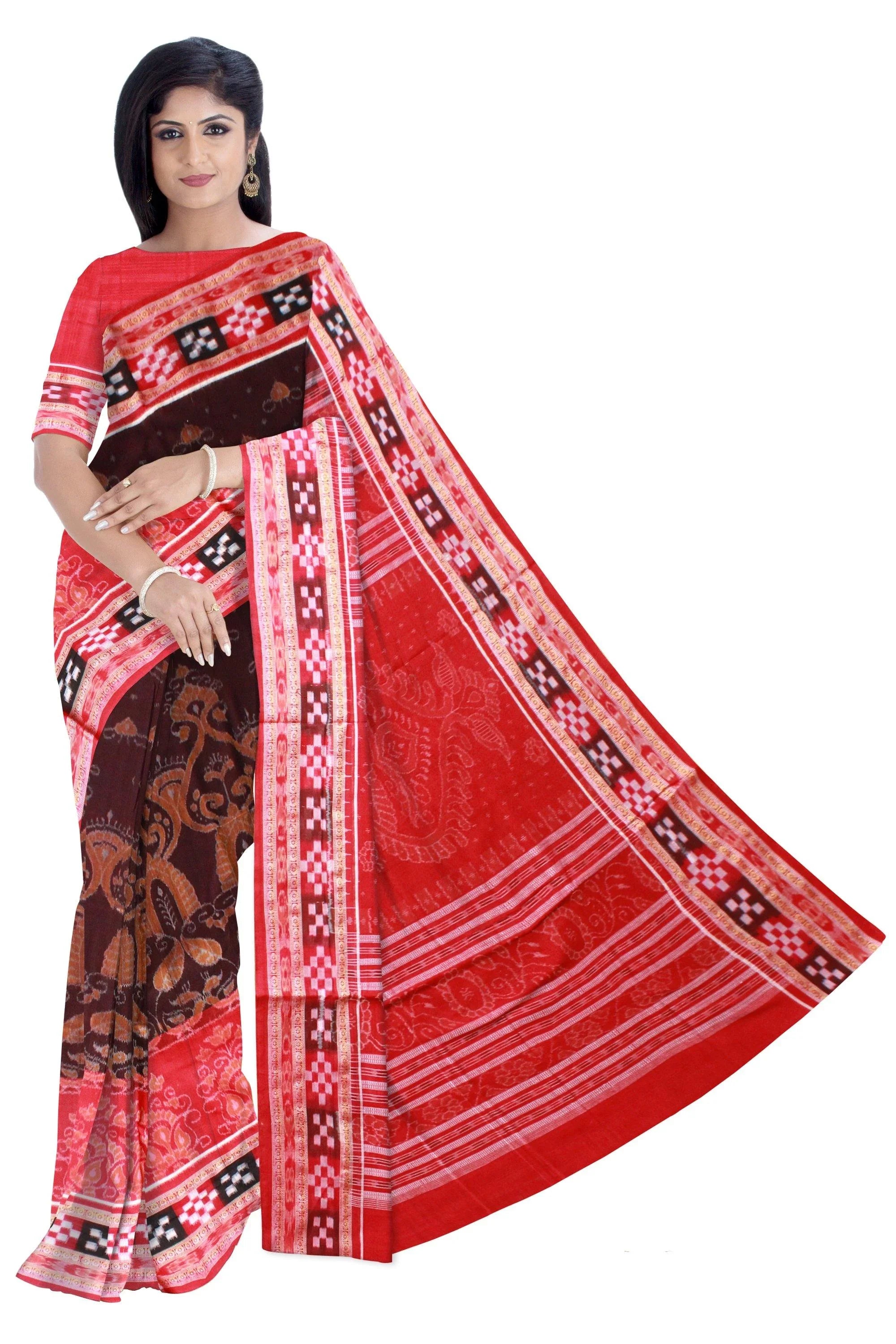 Pasapali Border Cotton Saree with temple print in brown and Red available with blouse piece - Koshali Arts & Crafts Enterprise