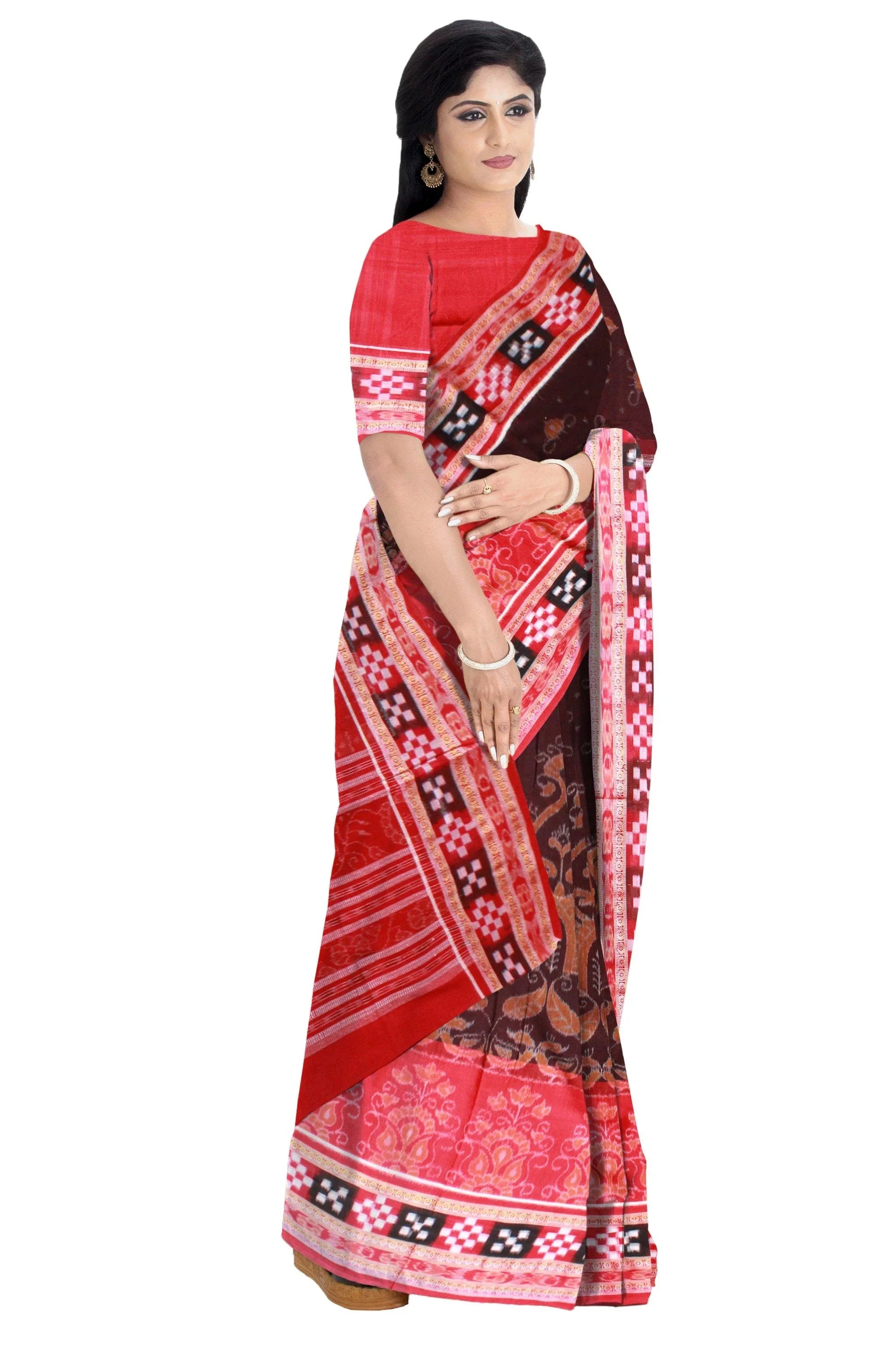 Pasapali Border Cotton Saree with temple print in brown and Red available with blouse piece - Koshali Arts & Crafts Enterprise