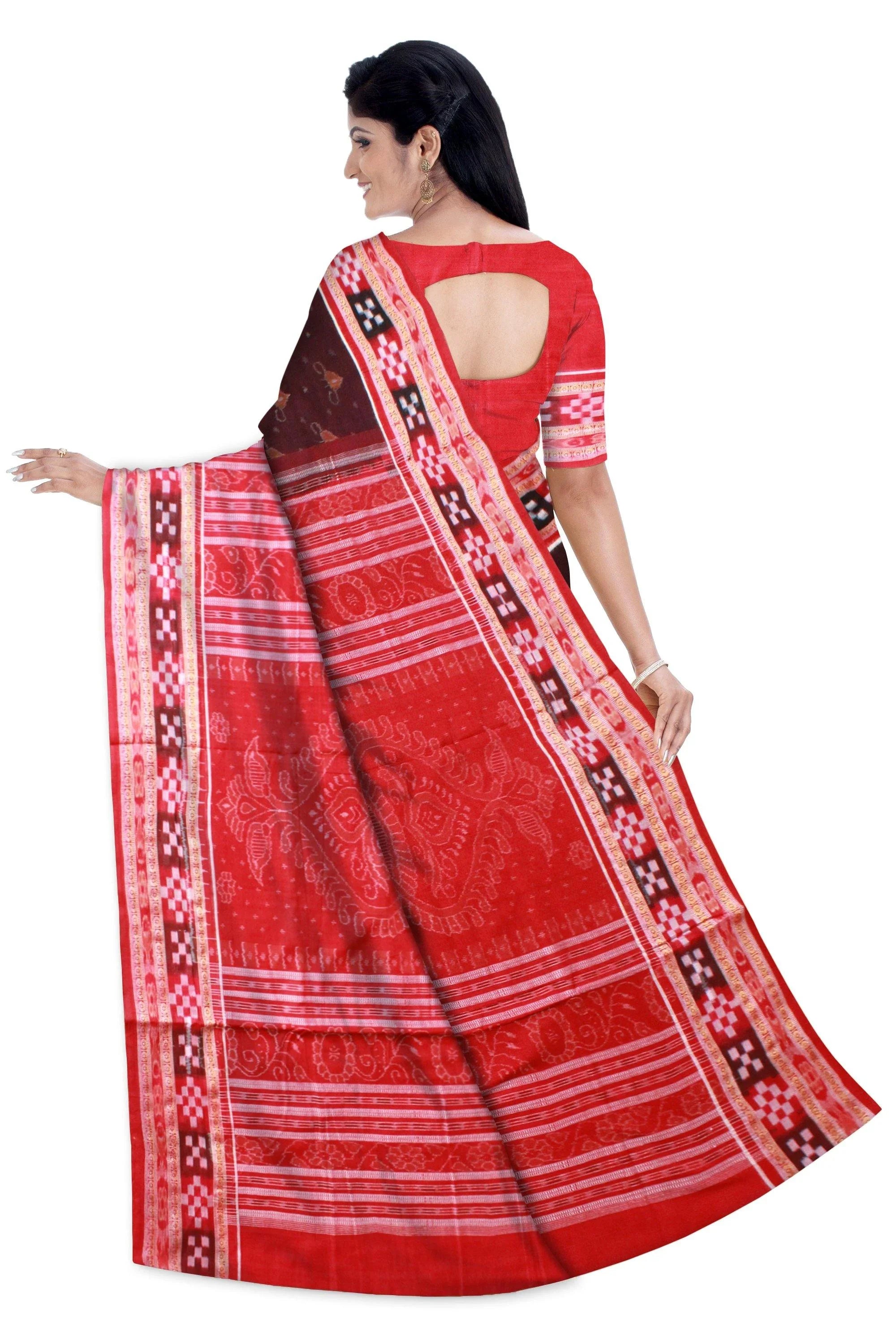 Pasapali Border Cotton Saree with temple print in brown and Red available with blouse piece - Koshali Arts & Crafts Enterprise