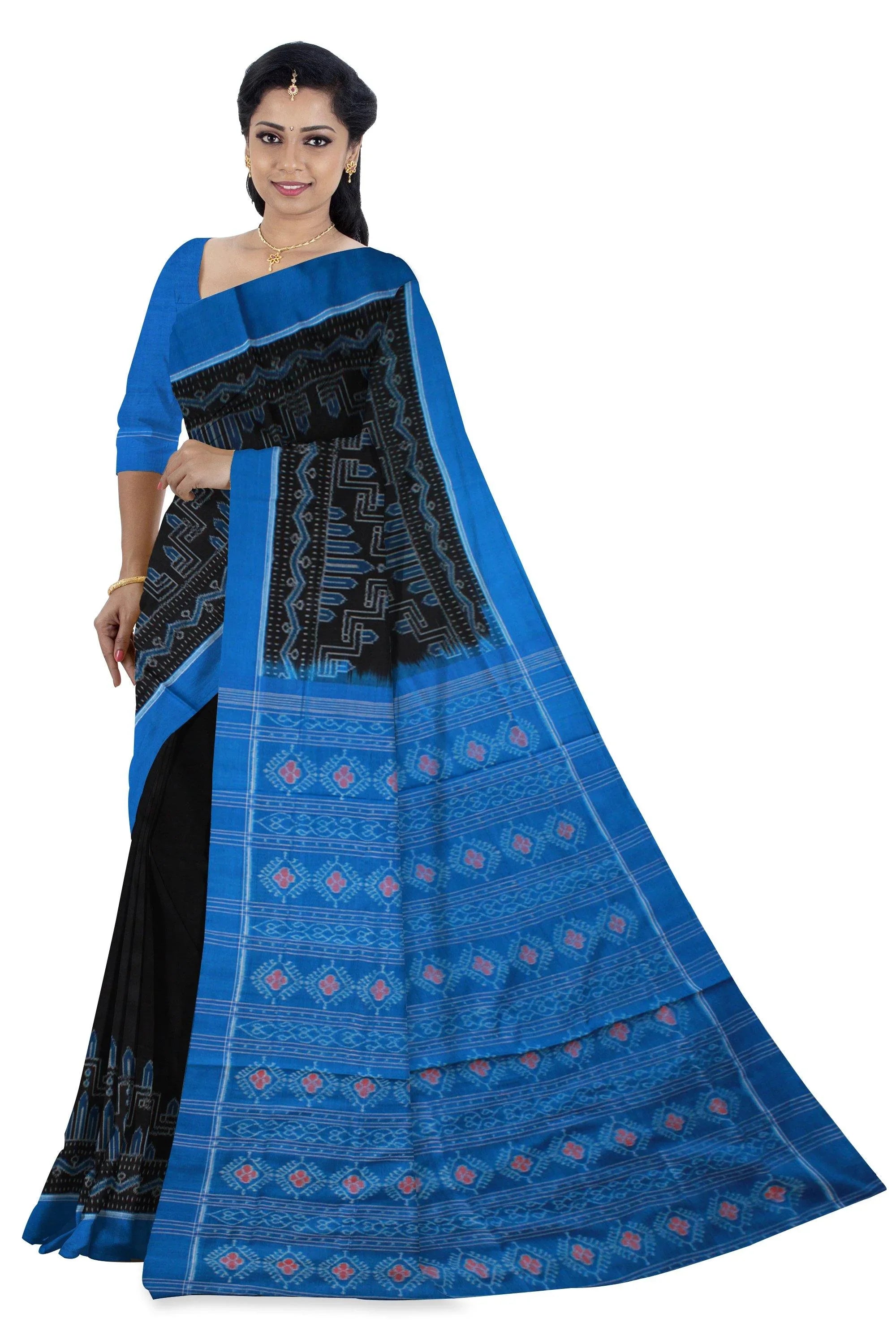 Black Color Temple print Cotton Saree with Blouse piece. - Koshali Arts & Crafts Enterprise
