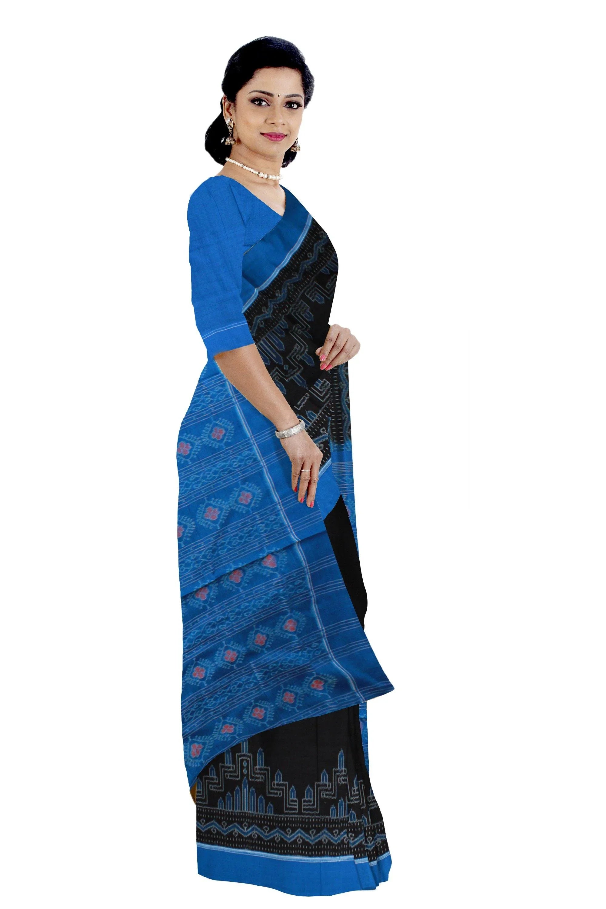 Black Color Temple print Cotton Saree with Blouse piece. - Koshali Arts & Crafts Enterprise