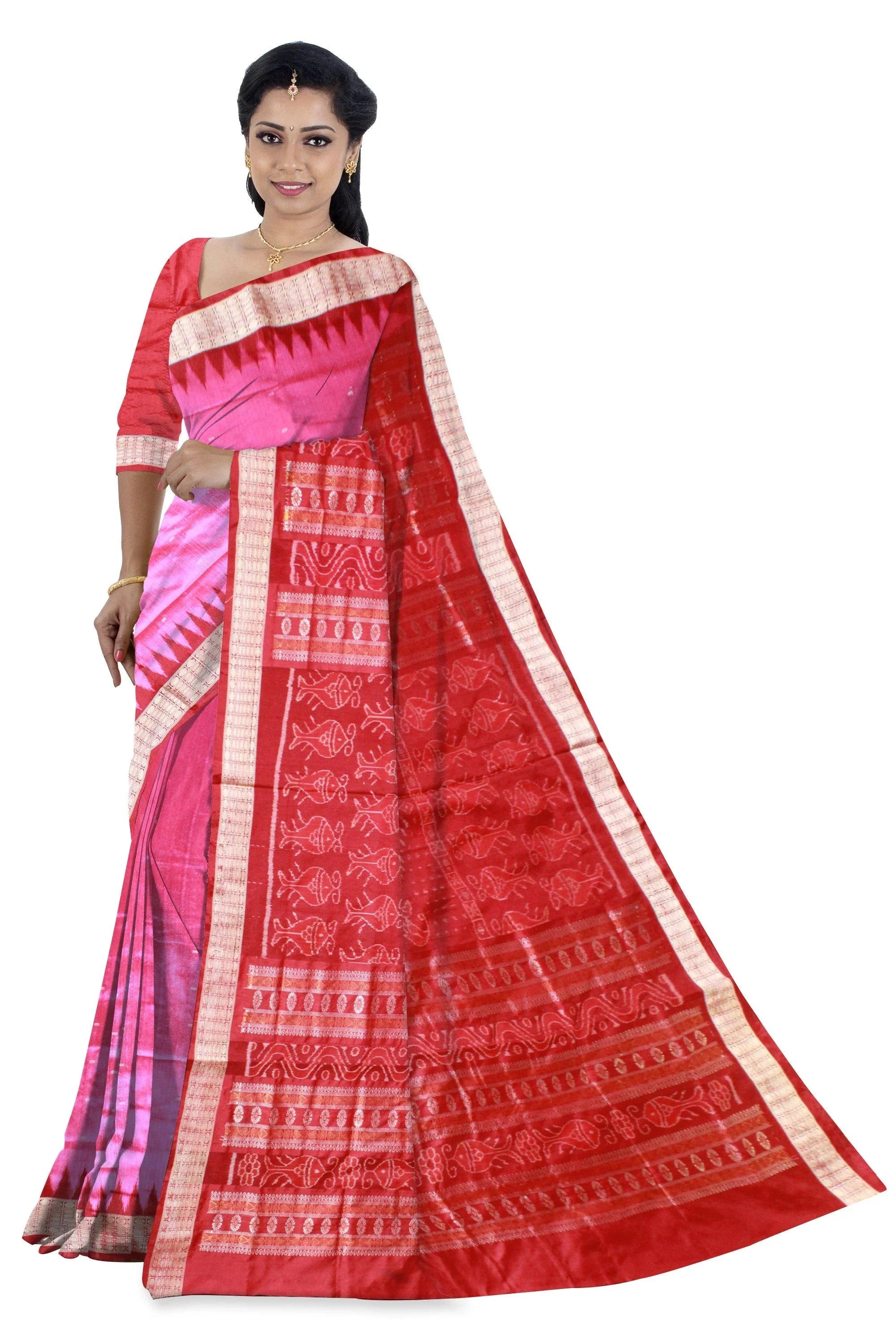 Pink and maroon color pallu fish pattern Pata Saree with blouse piece. - Koshali Arts & Crafts Enterprise