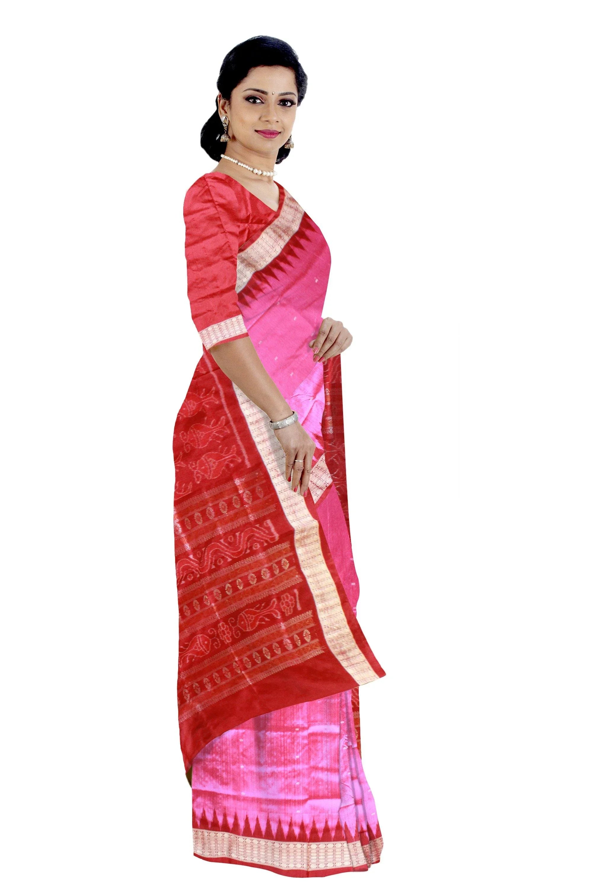 Pink and maroon color pallu fish pattern Pata Saree with blouse piece. - Koshali Arts & Crafts Enterprise