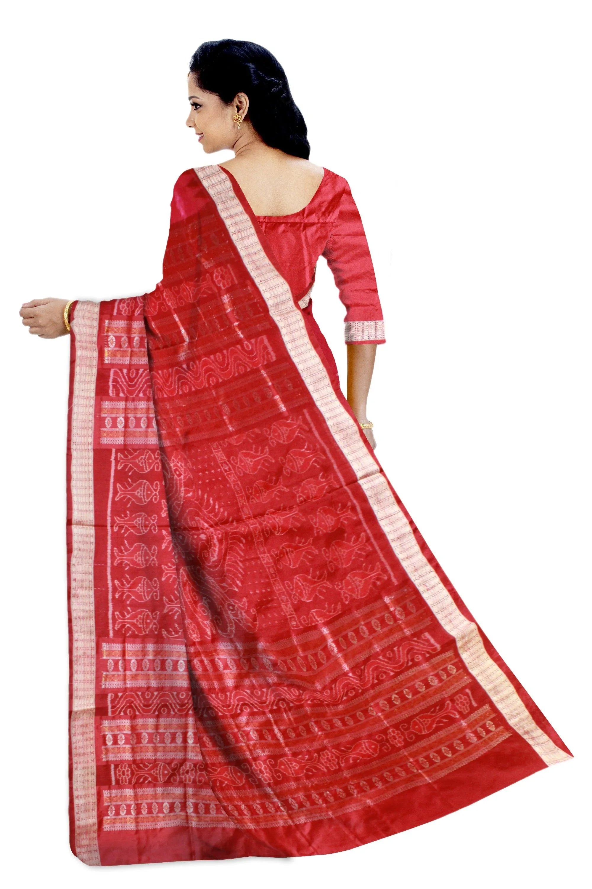 Pink and maroon color pallu fish pattern Pata Saree with blouse piece. - Koshali Arts & Crafts Enterprise