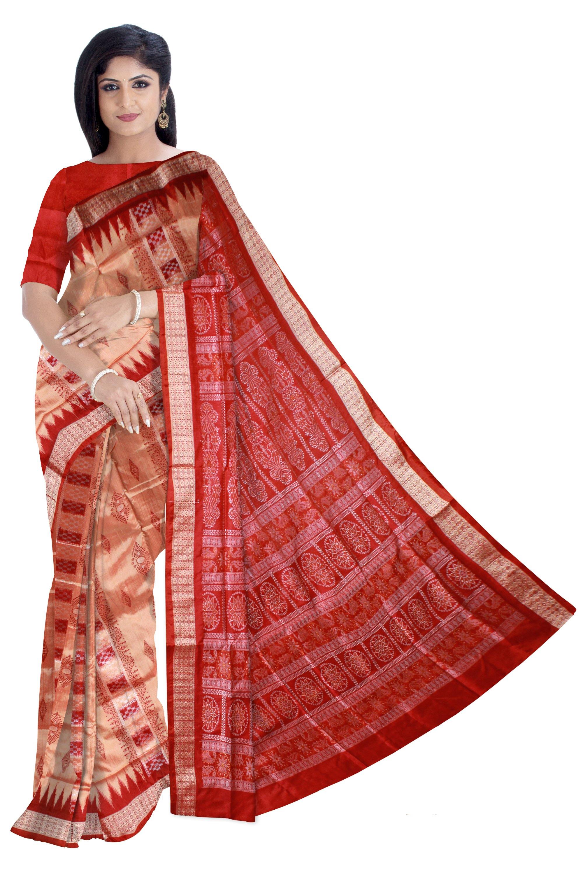 Peach color Pasapali Pata saree with blouse piece. - Koshali Arts & Crafts Enterprise